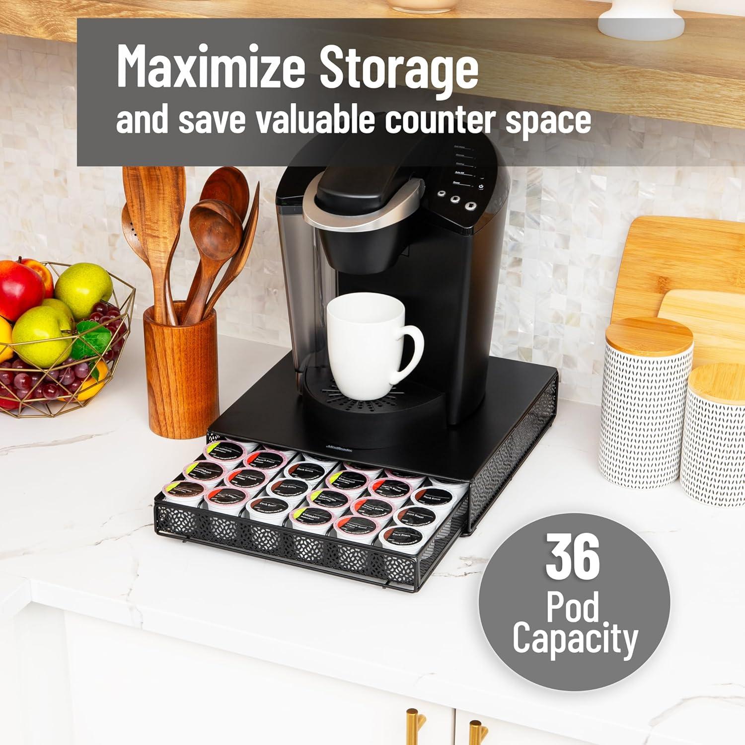 imageMind Reader 2 Drawer Coffee Pod Organizer with Removable Dividers 72 Pod Capacity Metal Mesh Coffee Station Base with Guided Drawer Track BlackSquare 36 Capacity