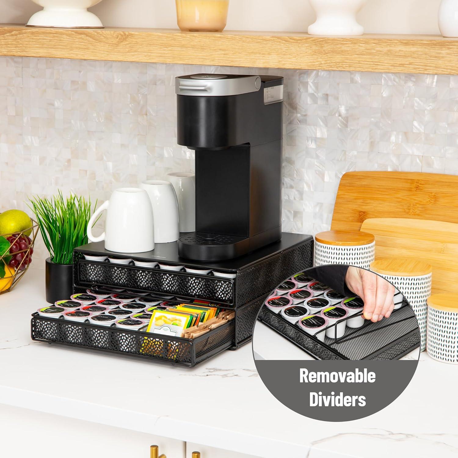 imageMind Reader 2 Drawer Coffee Pod Organizer with Removable Dividers 72 Pod Capacity Metal Mesh Coffee Station Base with Guided Drawer Track BlackSquare 72 Capacity