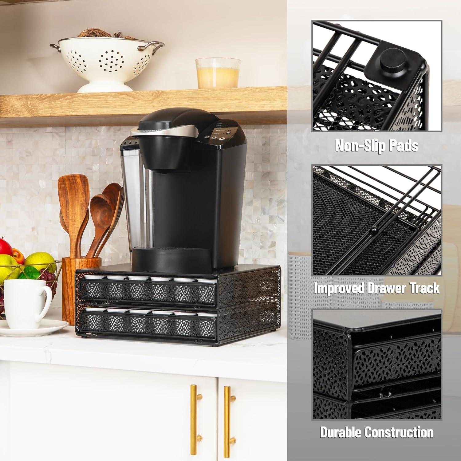imageMind Reader 2 Drawer Coffee Pod Organizer with Removable Dividers 72 Pod Capacity Metal Mesh Coffee Station Base with Guided Drawer Track BlackSquare 72 Capacity