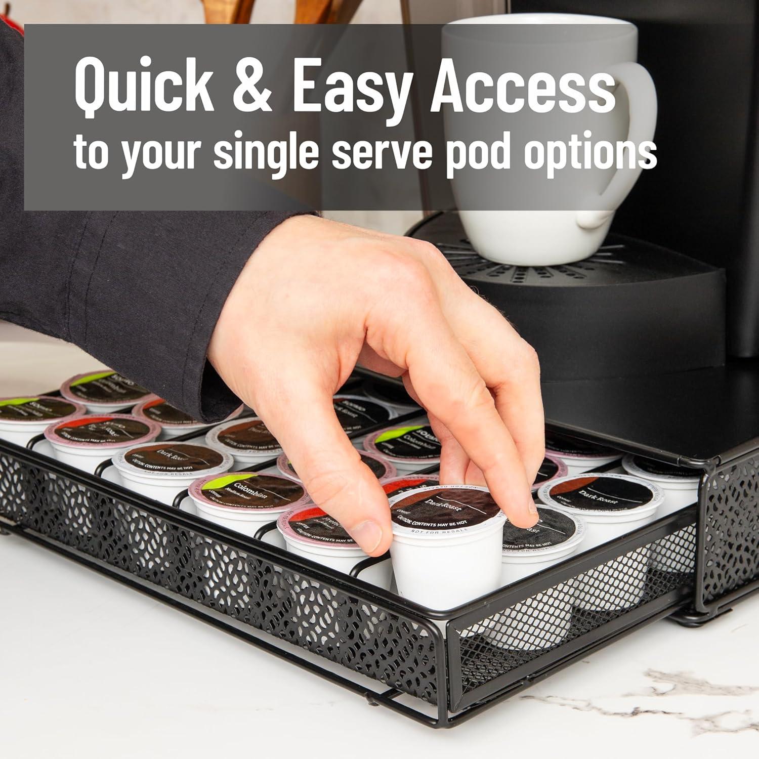 imageMind Reader 2 Drawer Coffee Pod Organizer with Removable Dividers 72 Pod Capacity Metal Mesh Coffee Station Base with Guided Drawer Track BlackSquare 36 Capacity