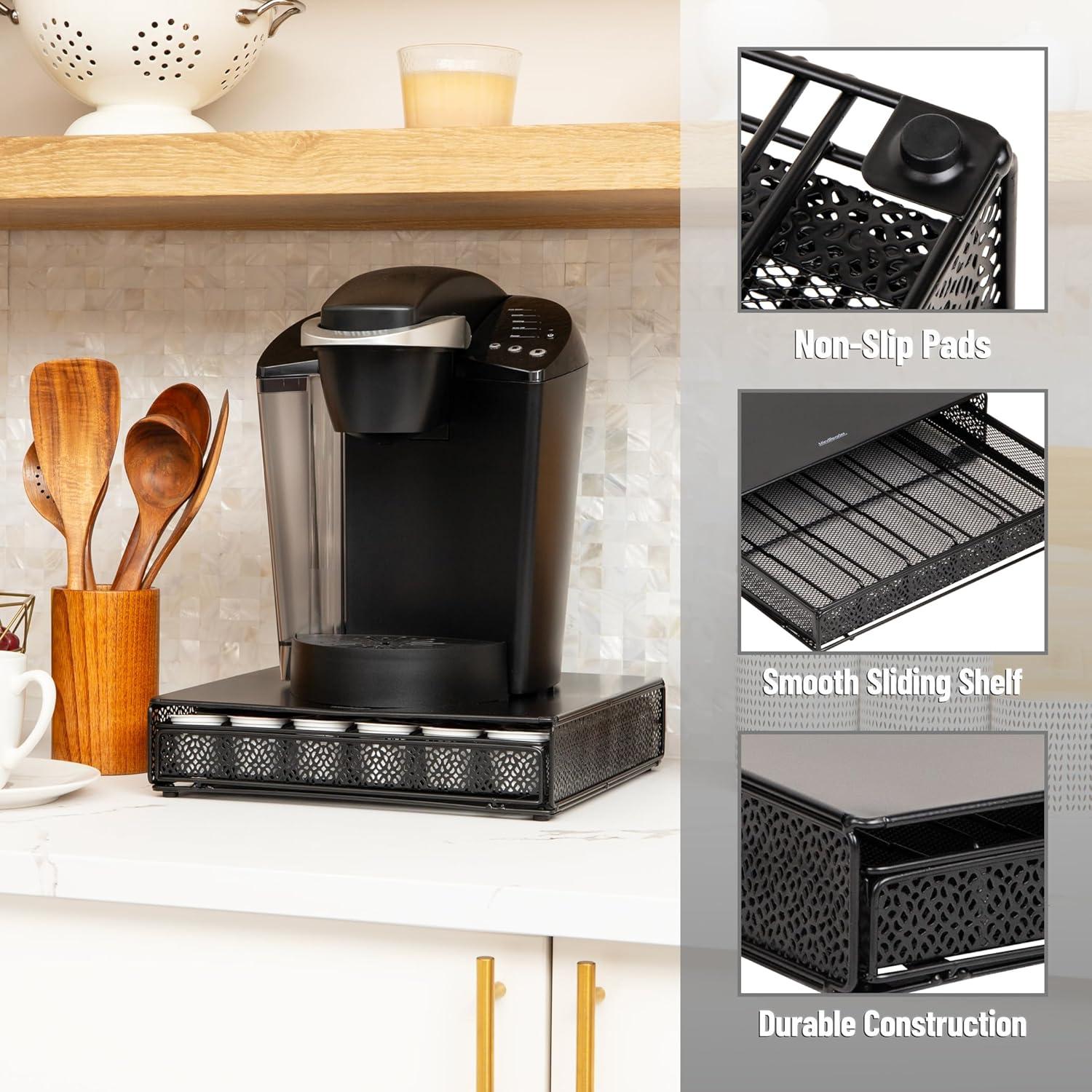 imageMind Reader 2 Drawer Coffee Pod Organizer with Removable Dividers 72 Pod Capacity Metal Mesh Coffee Station Base with Guided Drawer Track BlackSquare 36 Capacity