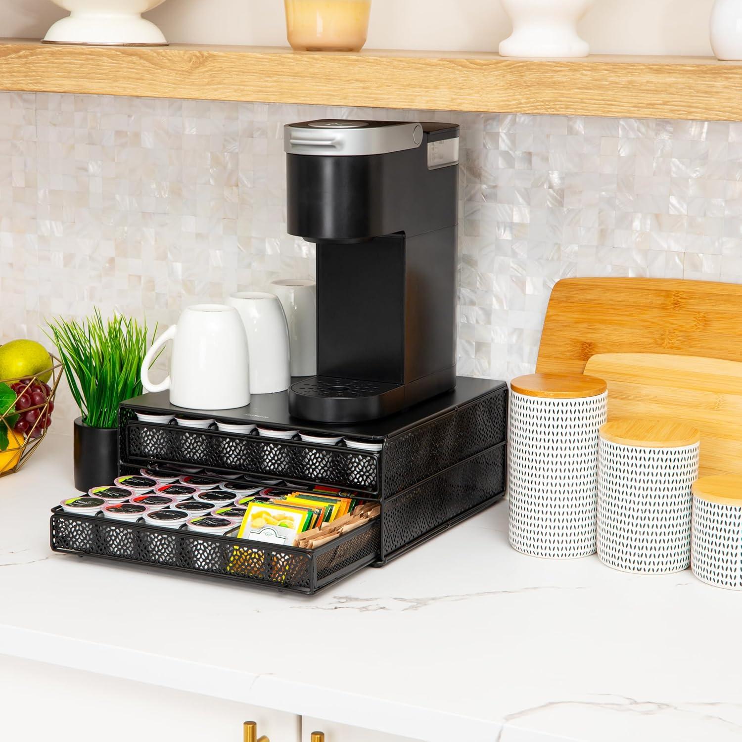imageMind Reader 2 Drawer Coffee Pod Organizer with Removable Dividers 72 Pod Capacity Metal Mesh Coffee Station Base with Guided Drawer Track BlackSquare 72 Capacity