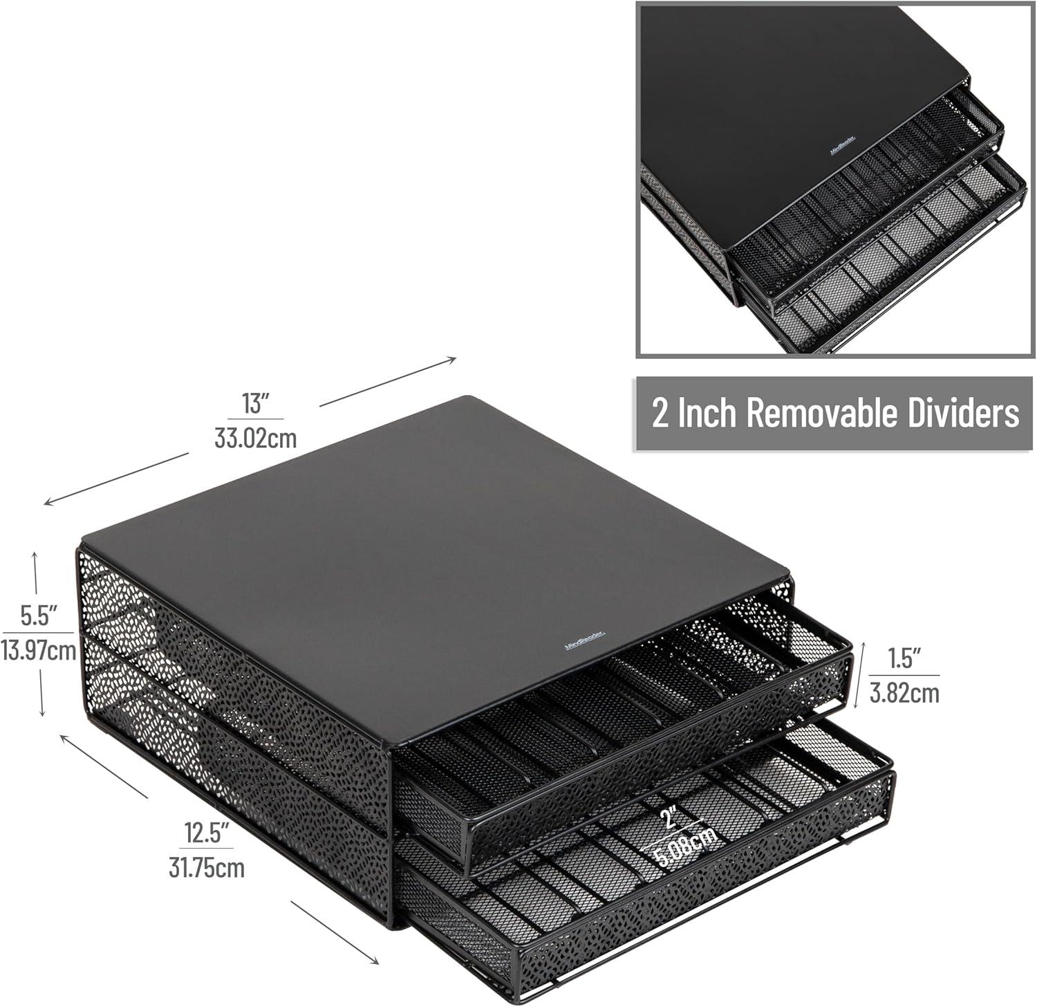 imageMind Reader 2 Drawer Coffee Pod Organizer with Removable Dividers 72 Pod Capacity Metal Mesh Coffee Station Base with Guided Drawer Track BlackSquare 72 Capacity
