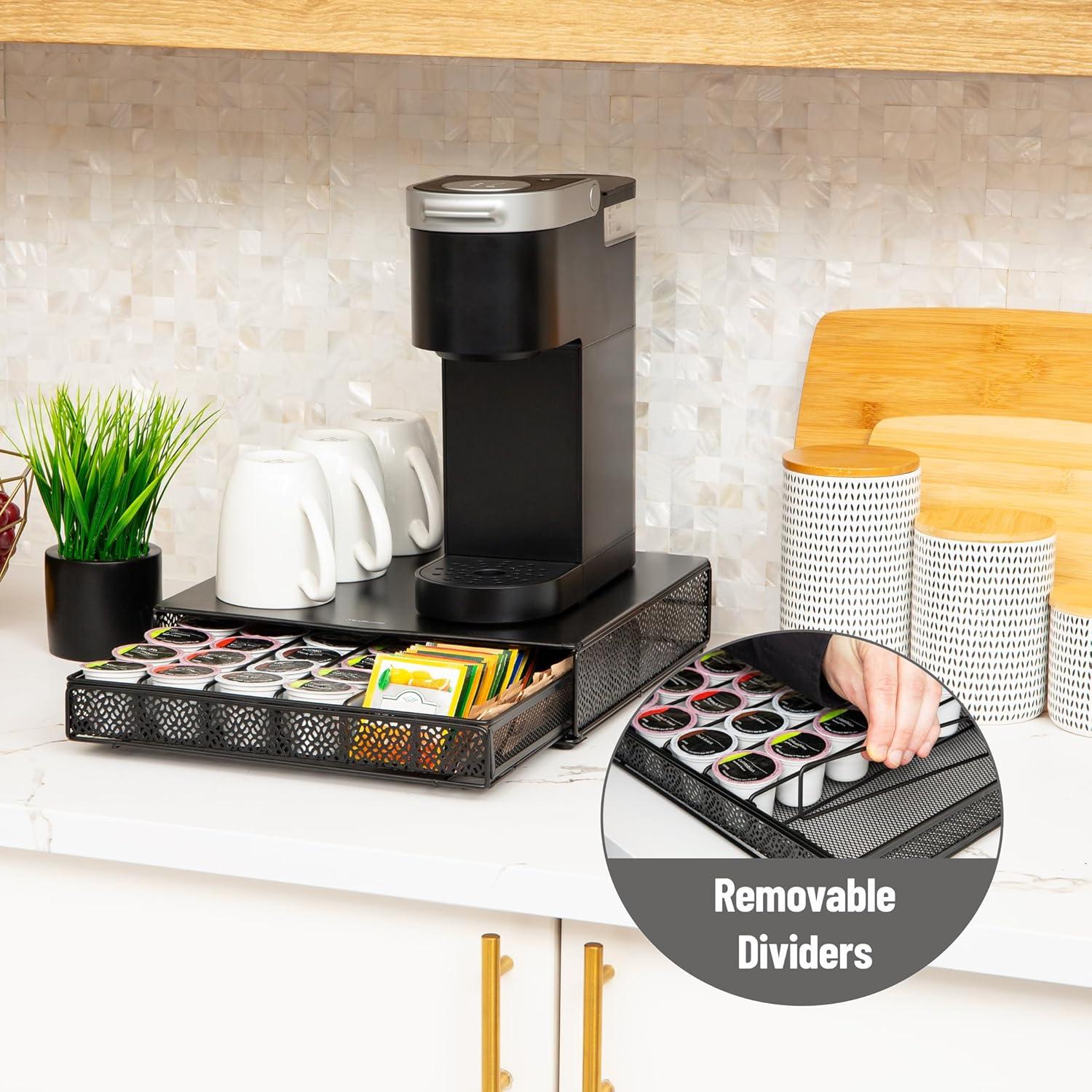 imageMind Reader 2 Drawer Coffee Pod Organizer with Removable Dividers 72 Pod Capacity Metal Mesh Coffee Station Base with Guided Drawer Track BlackSquare 36 Capacity
