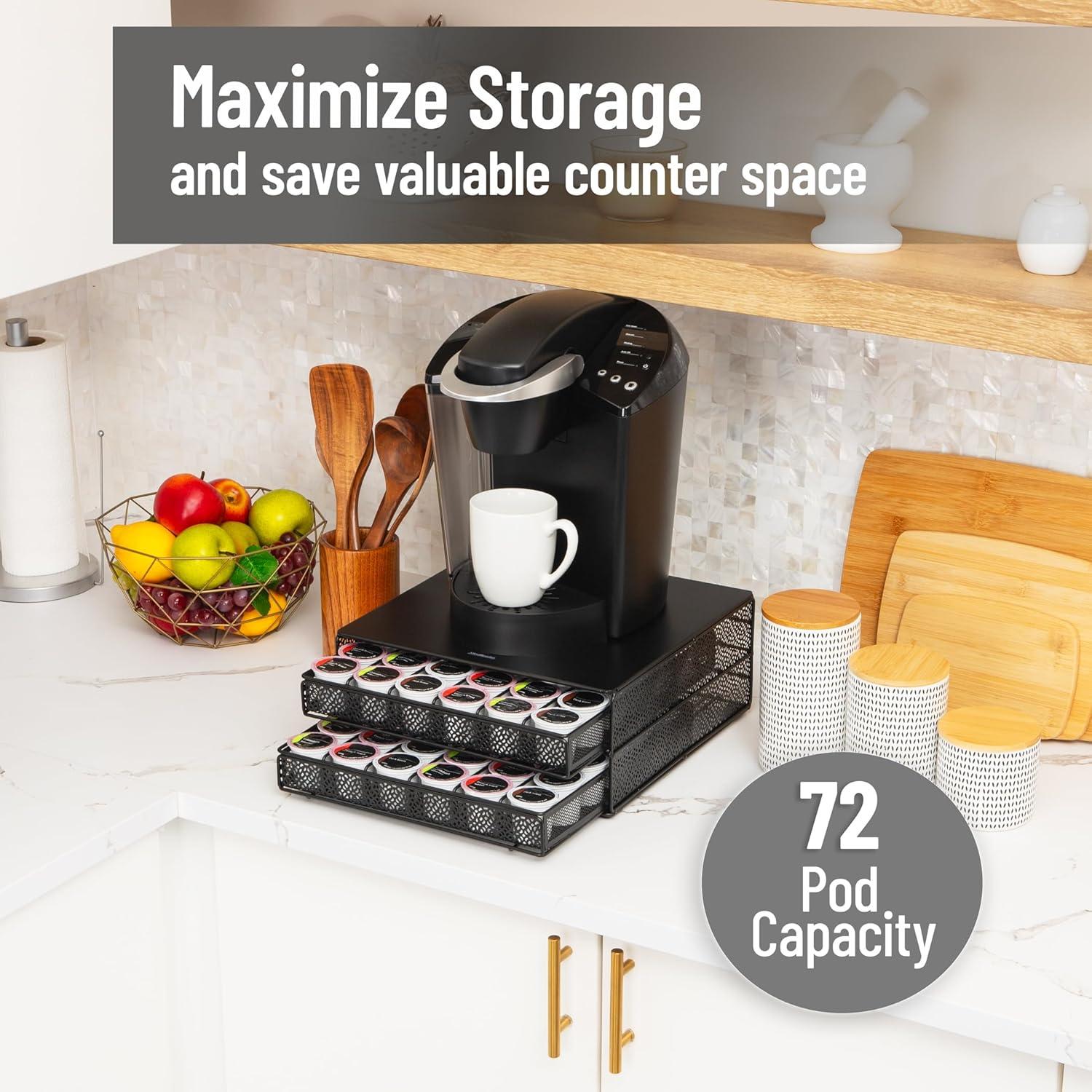 imageMind Reader 2 Drawer Coffee Pod Organizer with Removable Dividers 72 Pod Capacity Metal Mesh Coffee Station Base with Guided Drawer Track BlackSquare 72 Capacity