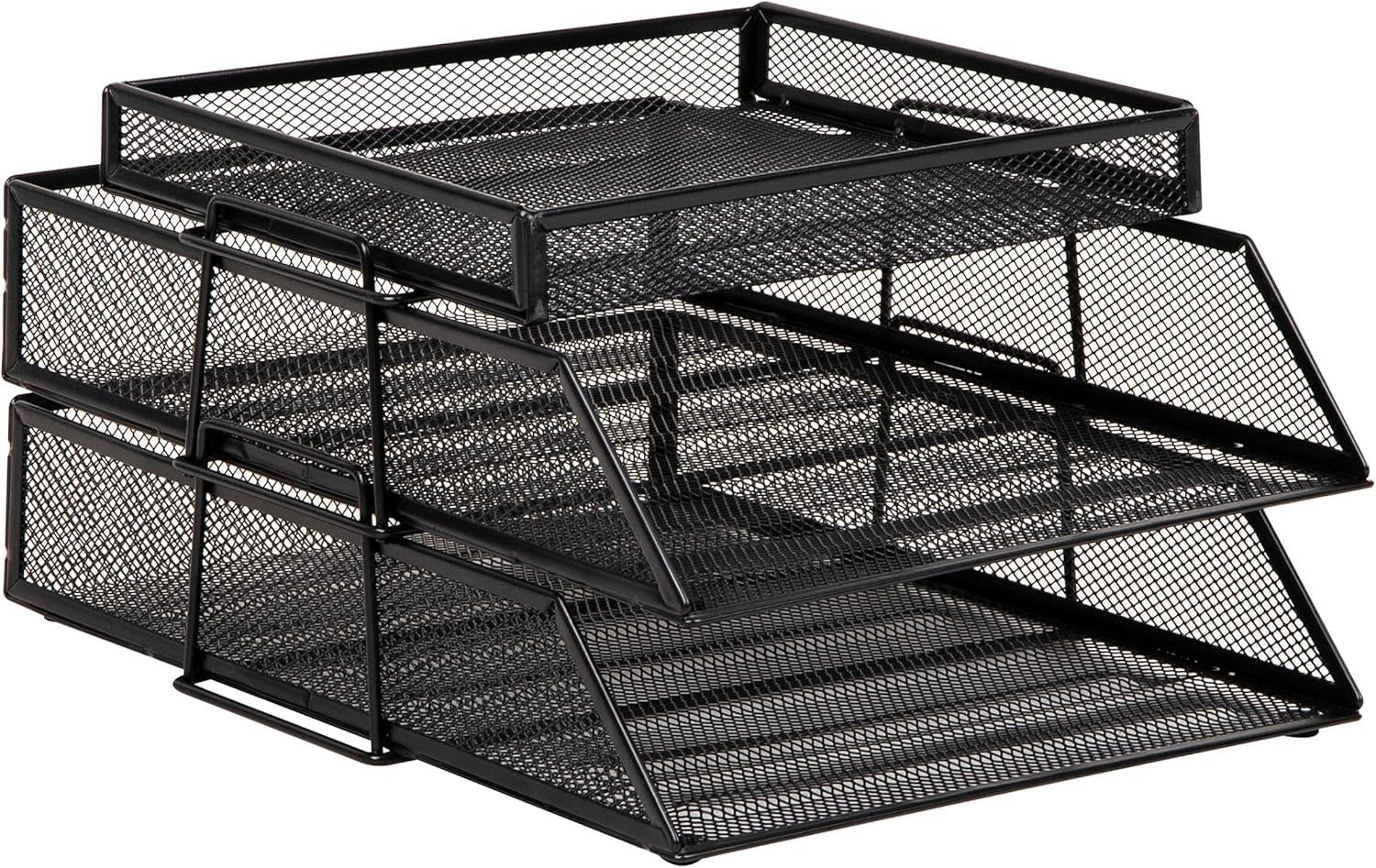 imageMind Reader 2 Tier Paper Tray with Top Supply Compartment Desktop File Organizer Metal Mesh PinkBlack