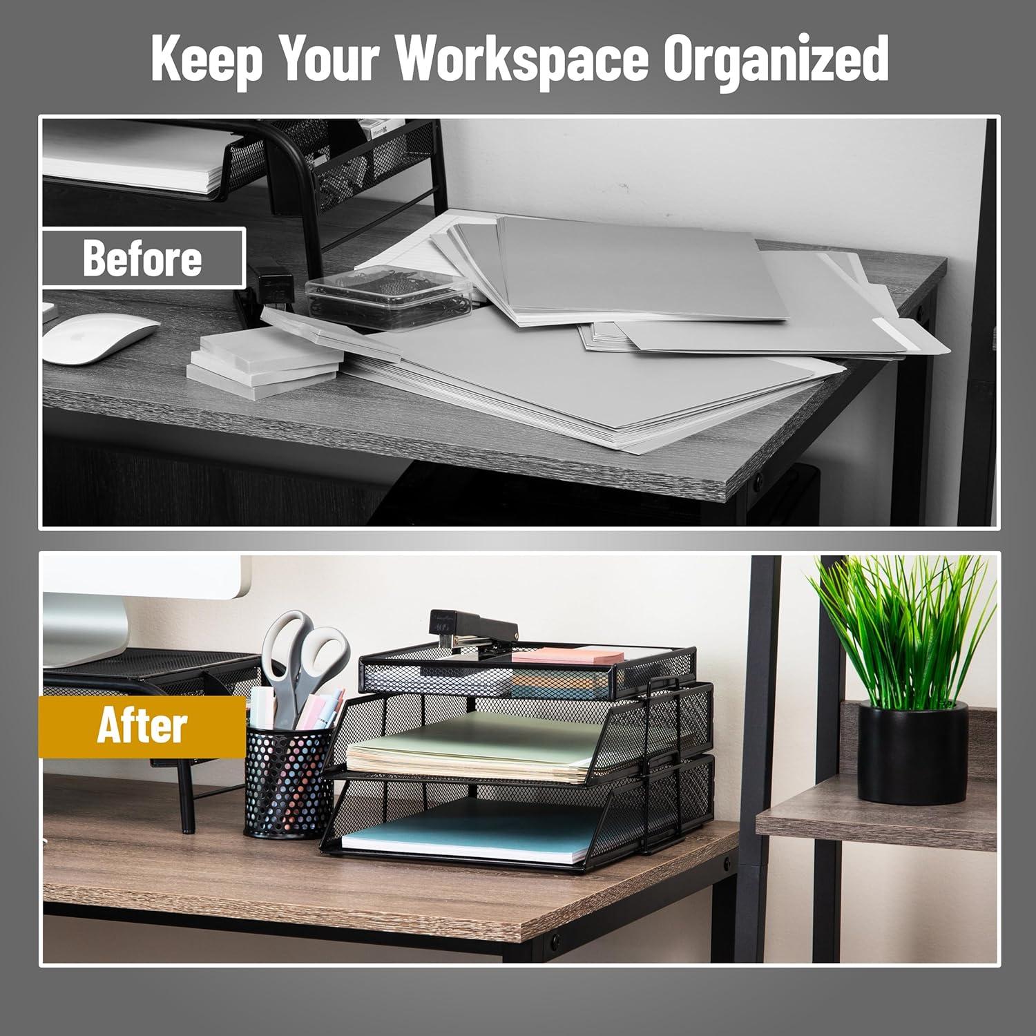 imageMind Reader 2 Tier Paper Tray with Top Supply Compartment Desktop File Organizer Metal Mesh PinkBlack