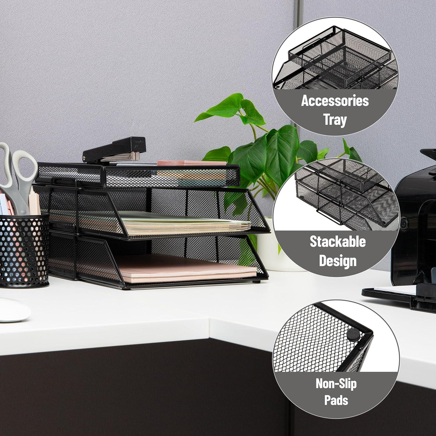 imageMind Reader 2 Tier Paper Tray with Top Supply Compartment Desktop File Organizer Metal Mesh PinkBlack
