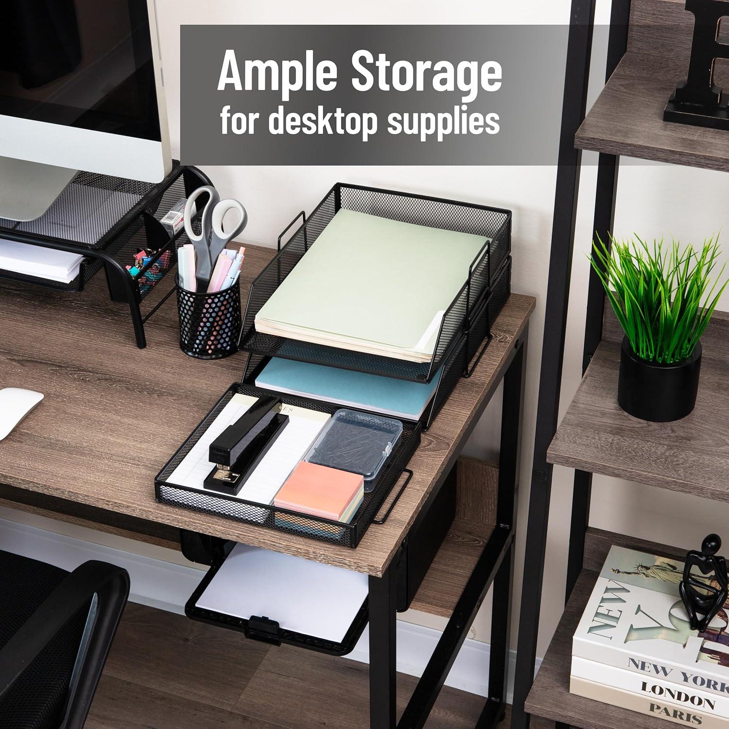 imageMind Reader 2 Tier Paper Tray with Top Supply Compartment Desktop File Organizer Metal Mesh PinkBlack