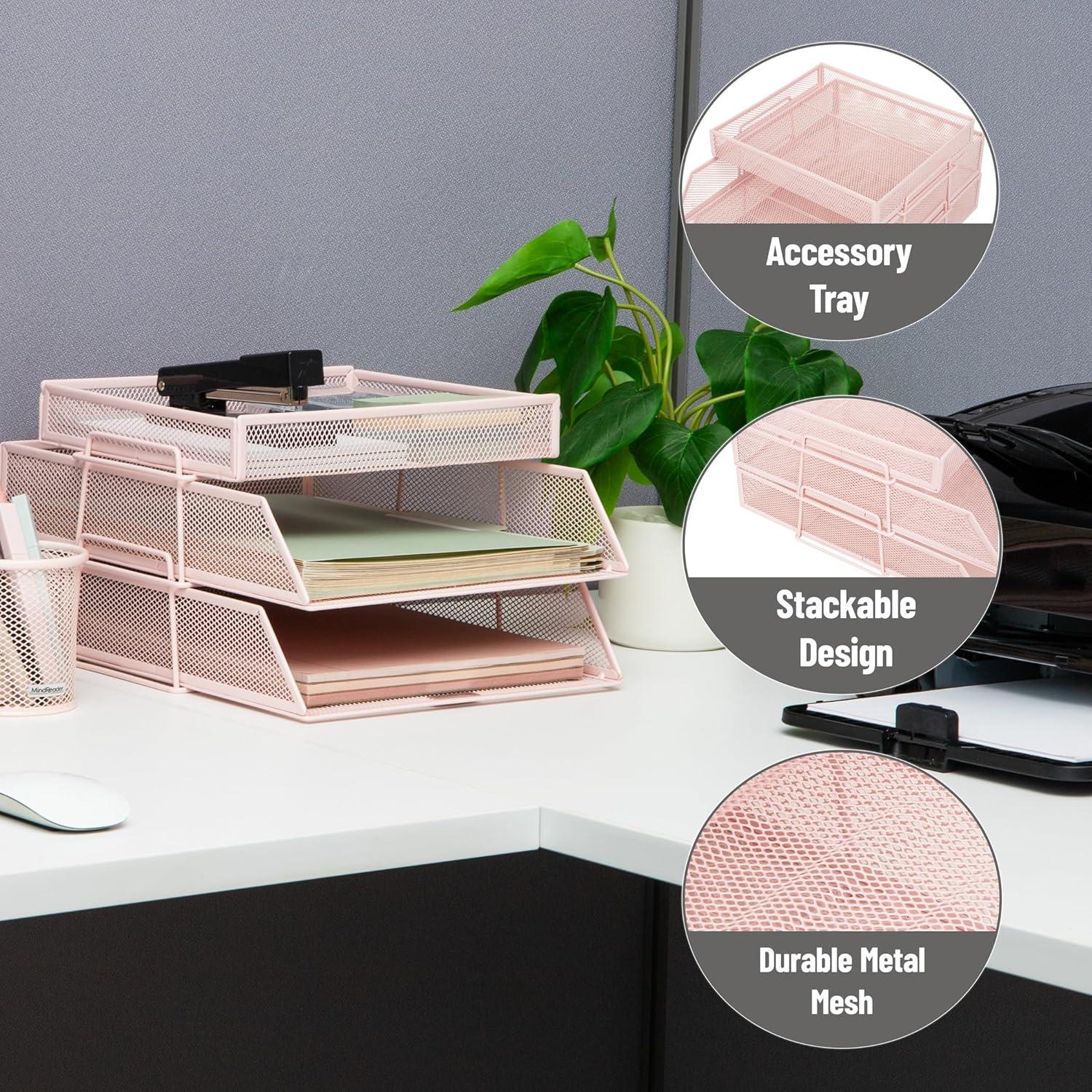 imageMind Reader 2 Tier Paper Tray with Top Supply Compartment Desktop File Organizer Metal Mesh PinkPink