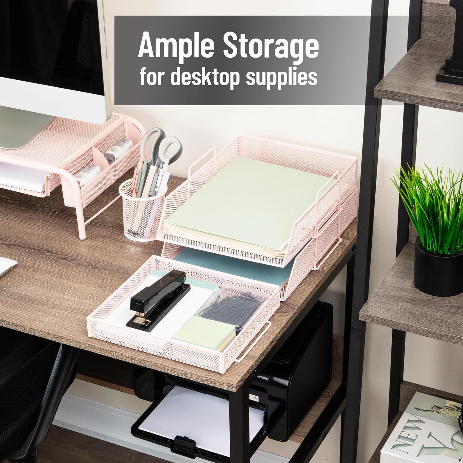 imageMind Reader 2 Tier Paper Tray with Top Supply Compartment Desktop File Organizer Metal Mesh PinkPink