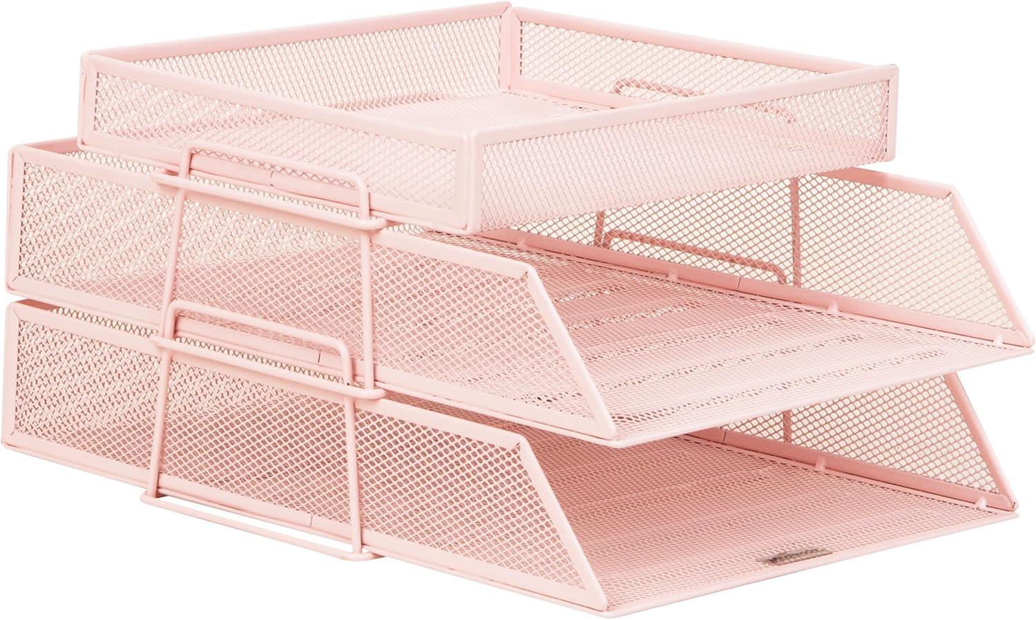 imageMind Reader 2 Tier Paper Tray with Top Supply Compartment Desktop File Organizer Metal Mesh PinkPink