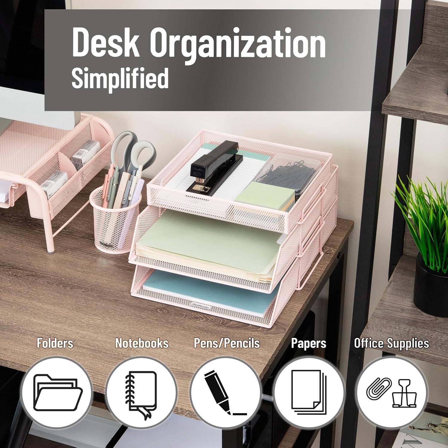 imageMind Reader 2 Tier Paper Tray with Top Supply Compartment Desktop File Organizer Metal Mesh PinkPink