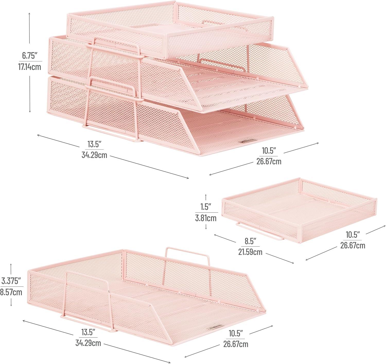 imageMind Reader 2 Tier Paper Tray with Top Supply Compartment Desktop File Organizer Metal Mesh PinkPink