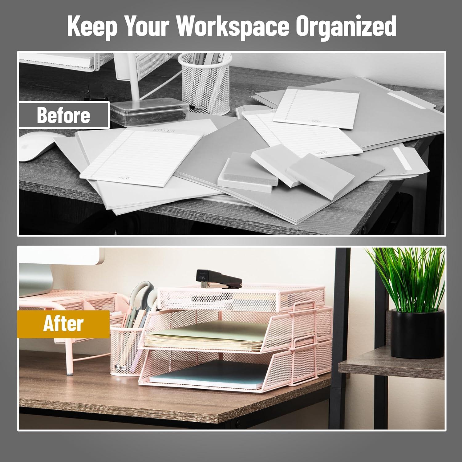 imageMind Reader 2 Tier Paper Tray with Top Supply Compartment Desktop File Organizer Metal Mesh PinkPink