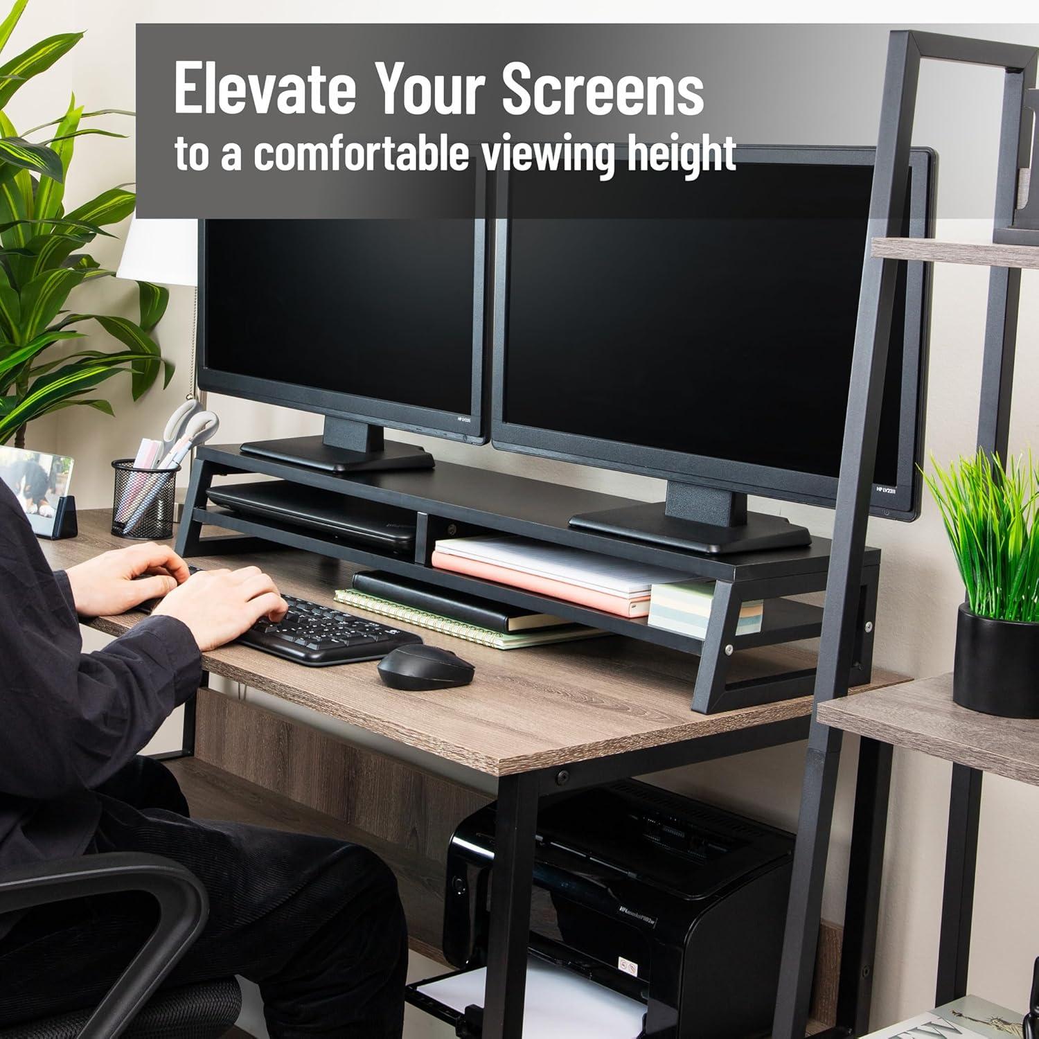 imageMind Reader 2Tier MDF Double Monitor Stand Dual Screen Riser with Storage Shelf 3375 Inch Wide 88 lb Capacity Black
