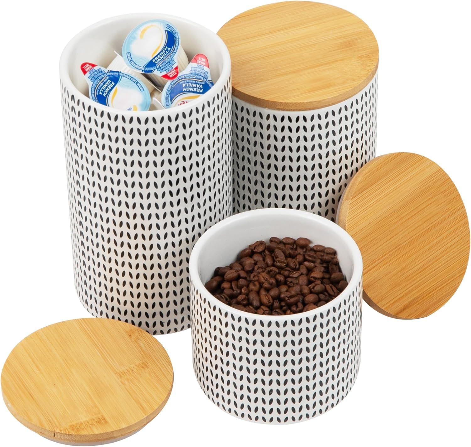 imageMind Reader 3Piece Canister Set Sugar Container Coffee Storage Lids Kitchen Ceramic 4L x 4W x 7H Black and WhiteSmall