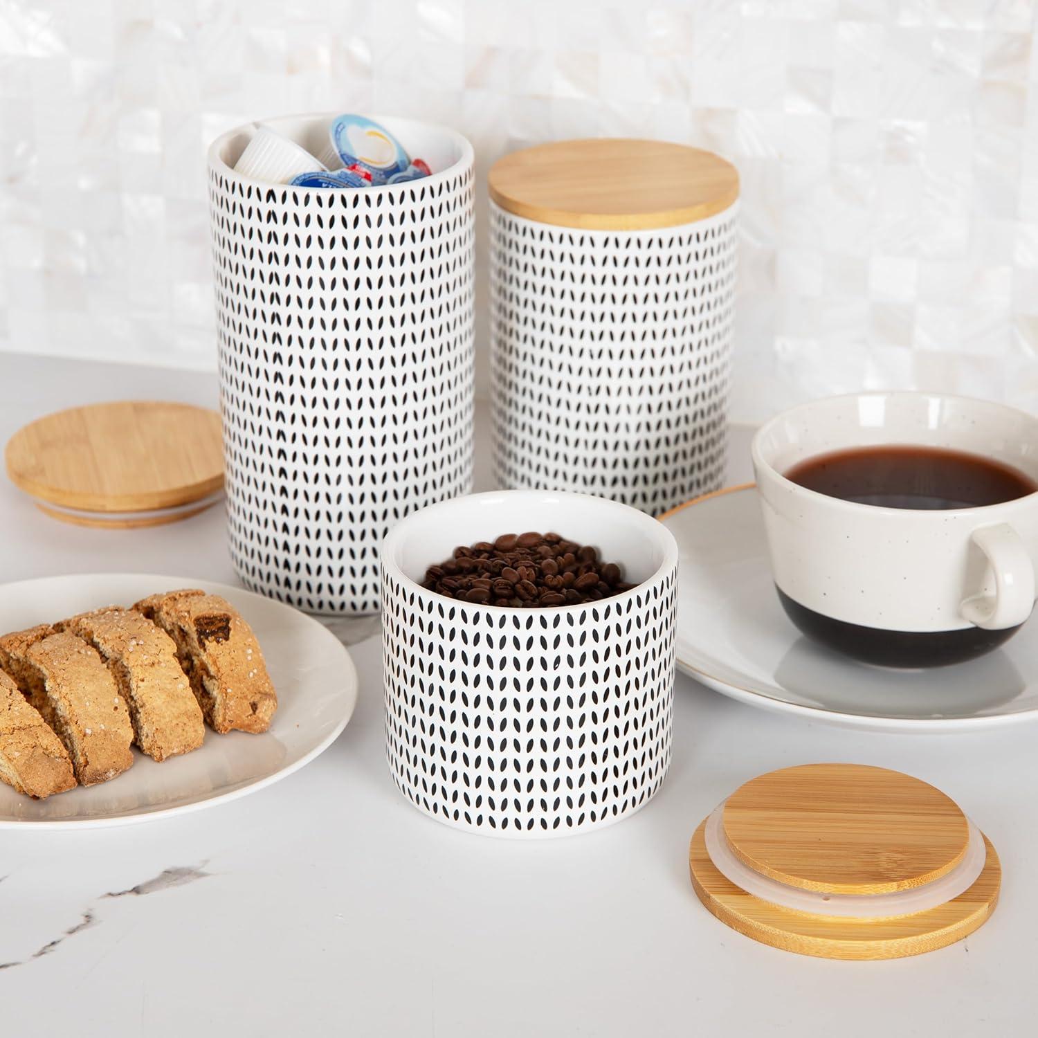 imageMind Reader 3Piece Canister Set Sugar Container Coffee Storage Lids Kitchen Ceramic 4L x 4W x 7H Black and WhiteSmall