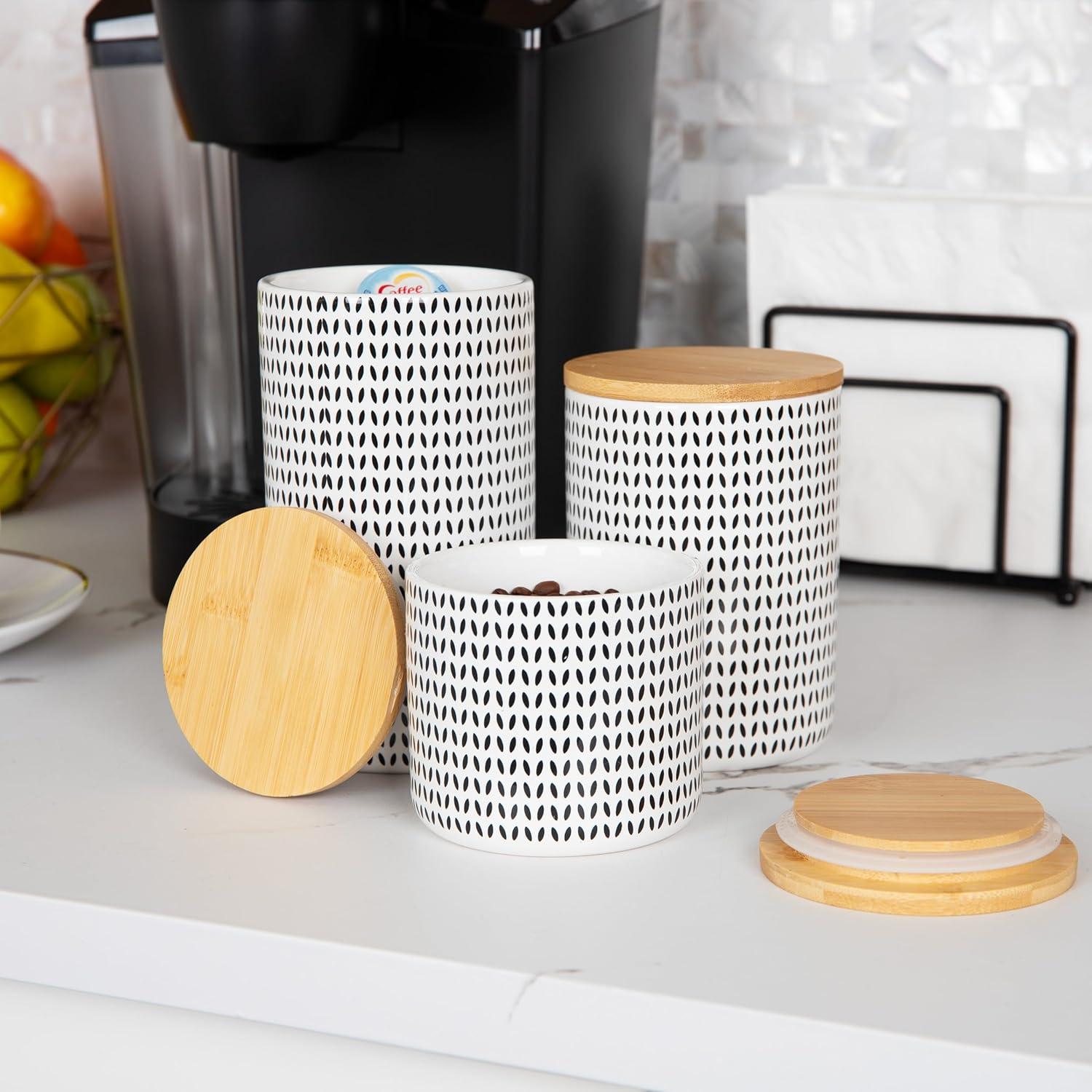 imageMind Reader 3Piece Canister Set Sugar Container Coffee Storage Lids Kitchen Ceramic 4L x 4W x 7H Black and WhiteSmall