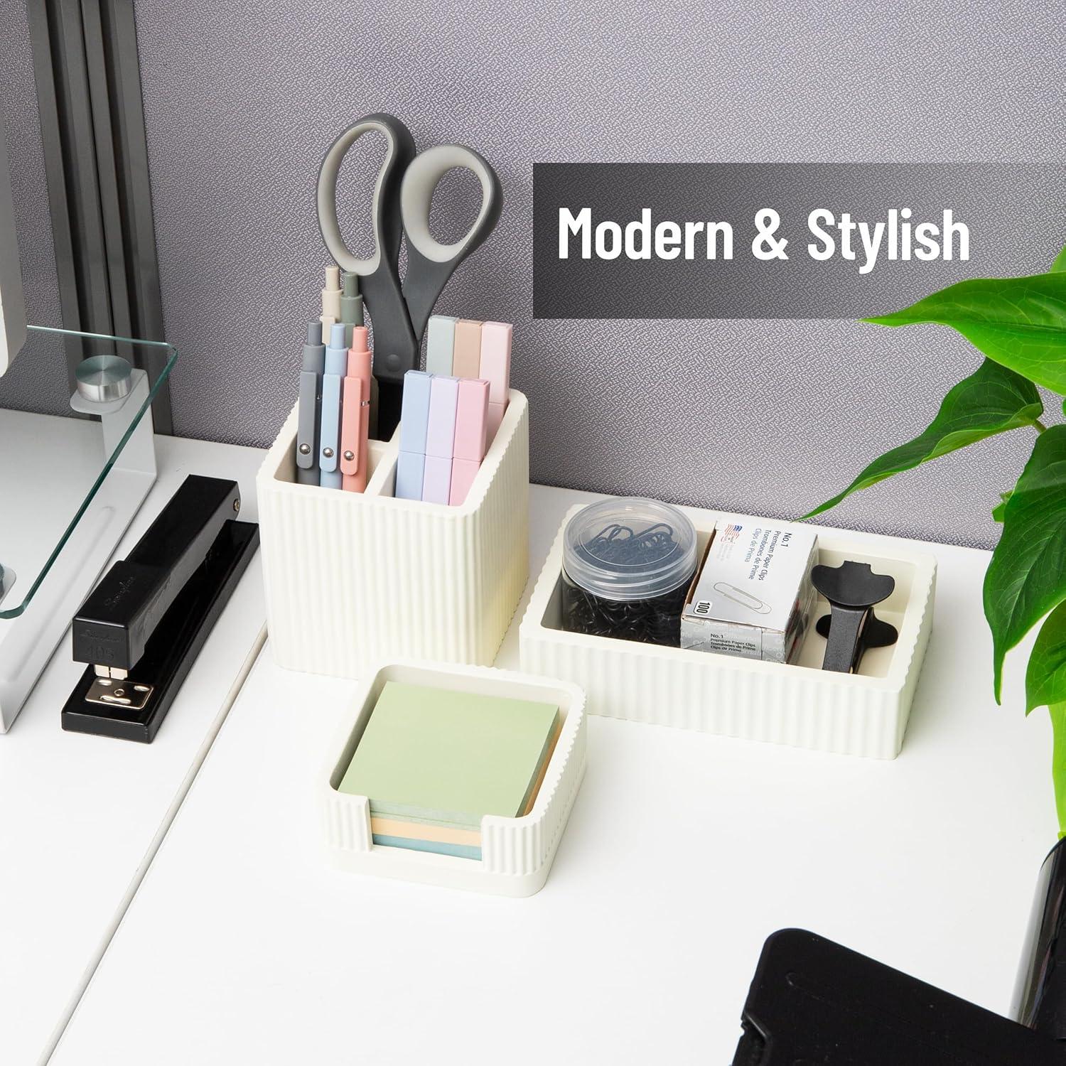 imageMind Reader 3Piece Cement Desk Organizer Set Desktop Accessory Kit with Pen Cup Sticky Note Holder CatchAll Tray Modern Office Decor Cement Cream
