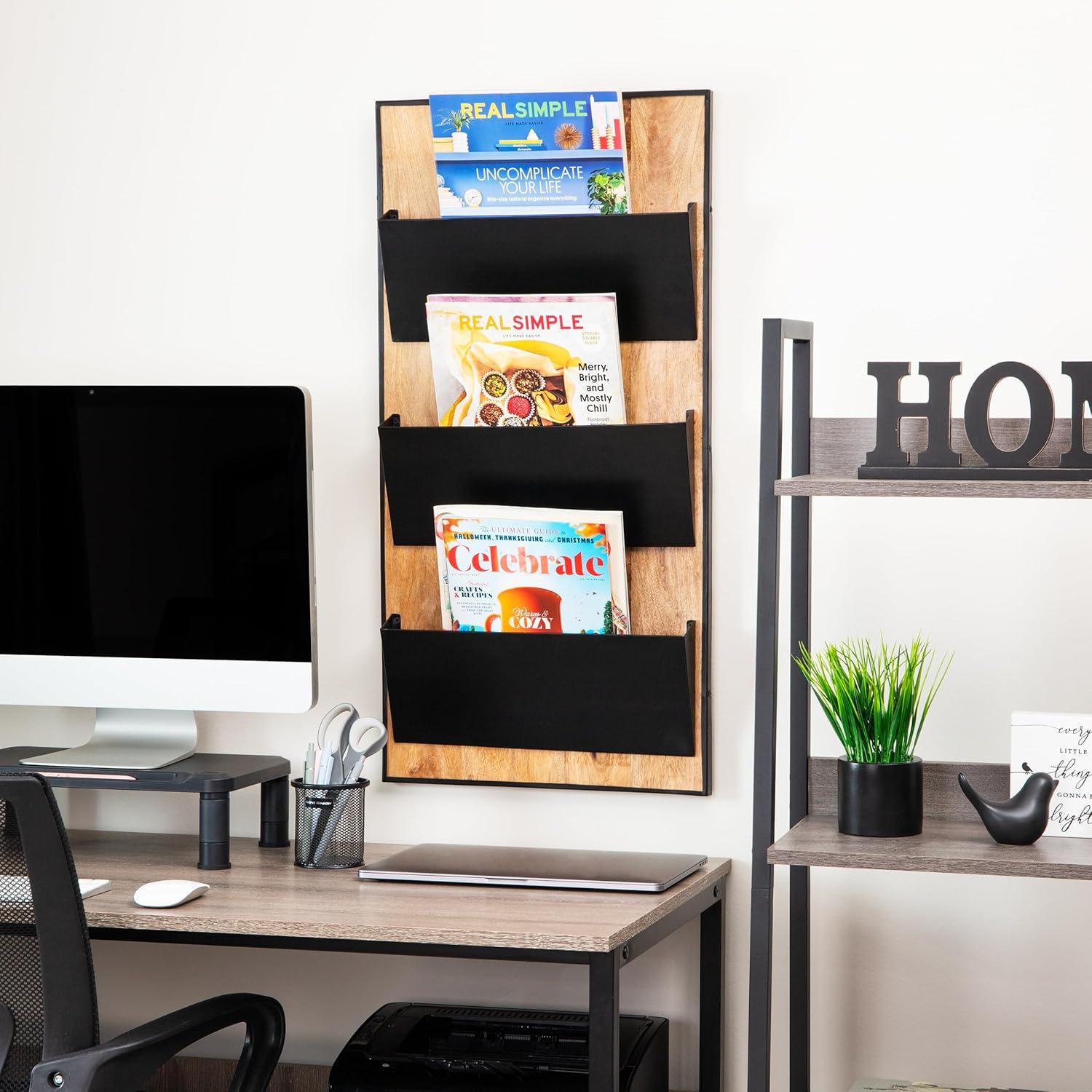 imageMind Reader 3Tier WallMounted File Organizer Wood and Metal Vertical Rack for Mail Magazines and Documents BlackBlack