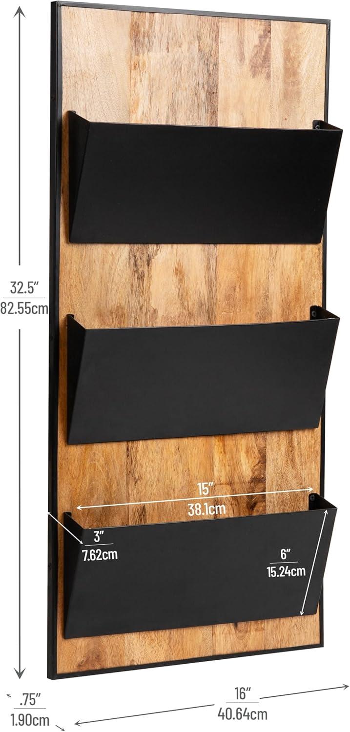imageMind Reader 3Tier WallMounted File Organizer Wood and Metal Vertical Rack for Mail Magazines and Documents BlackBlack