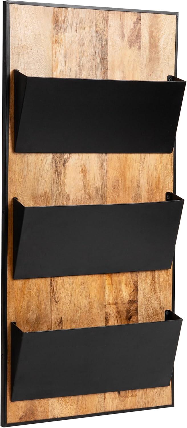 imageMind Reader 3Tier WallMounted File Organizer Wood and Metal Vertical Rack for Mail Magazines and Documents BlackBlack