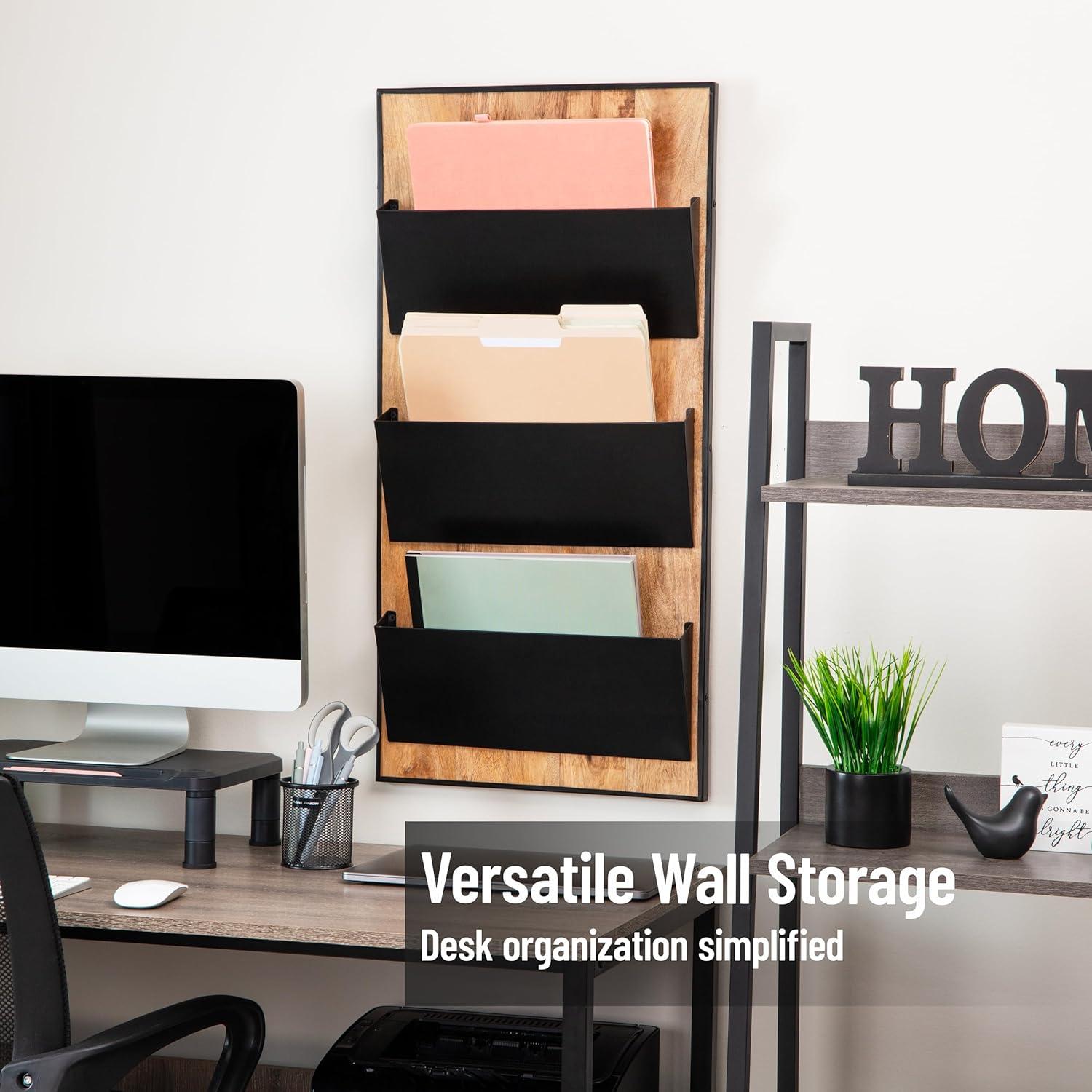 imageMind Reader 3Tier WallMounted File Organizer Wood and Metal Vertical Rack for Mail Magazines and Documents BlackBlack