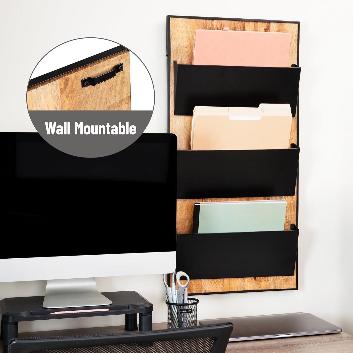imageMind Reader 3Tier WallMounted File Organizer Wood and Metal Vertical Rack for Mail Magazines and Documents BlackBlack
