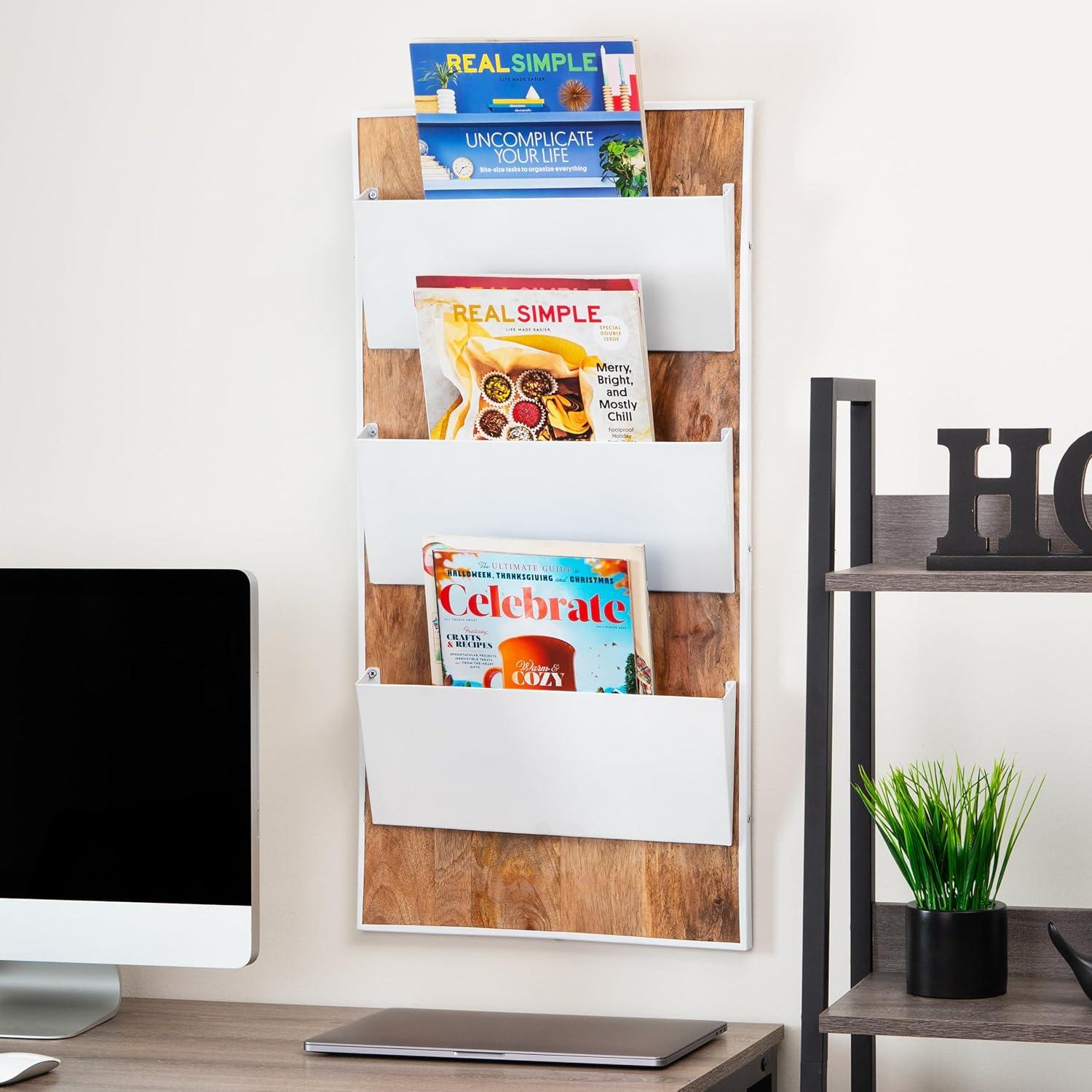 imageMind Reader 3Tier WallMounted File Organizer Wood and Metal Vertical Rack for Mail Magazines and Documents BlackWhite