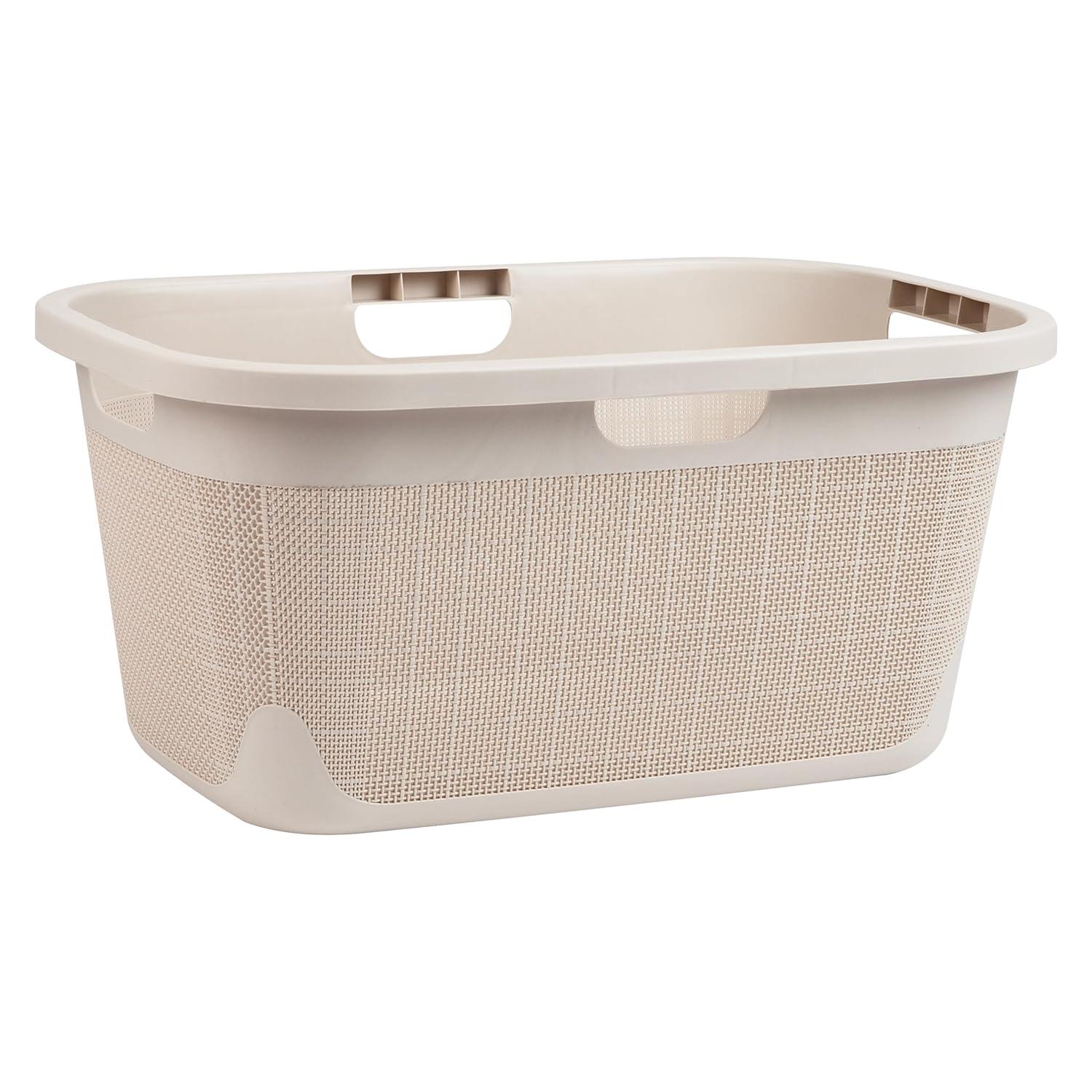 imageMind Reader 40L Laundry Basket Linen Design Clothes Hamper Plastic Storage Bin with Handles IvoryIvory