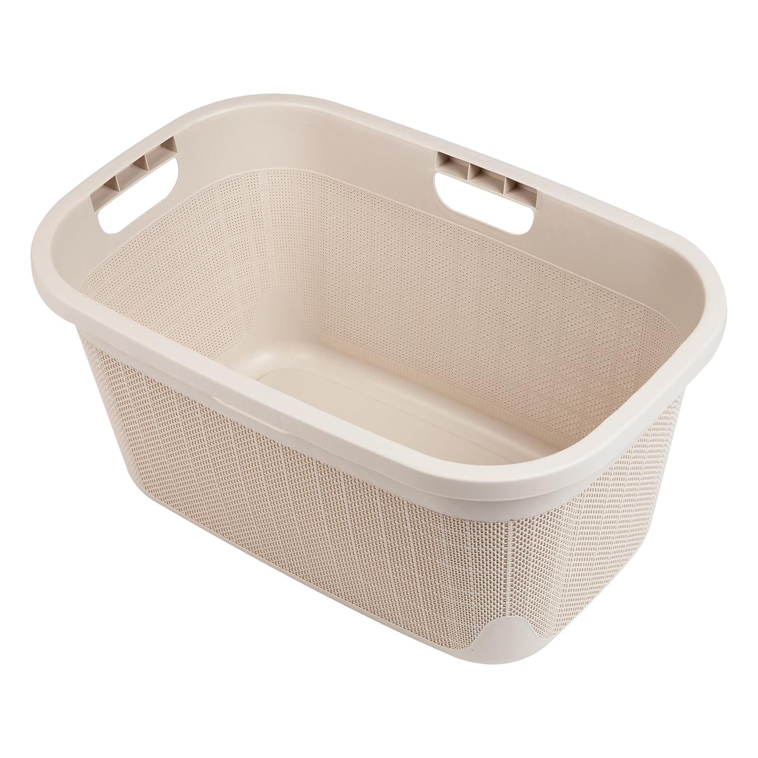 imageMind Reader 40L Laundry Basket Linen Design Clothes Hamper Plastic Storage Bin with Handles IvoryIvory