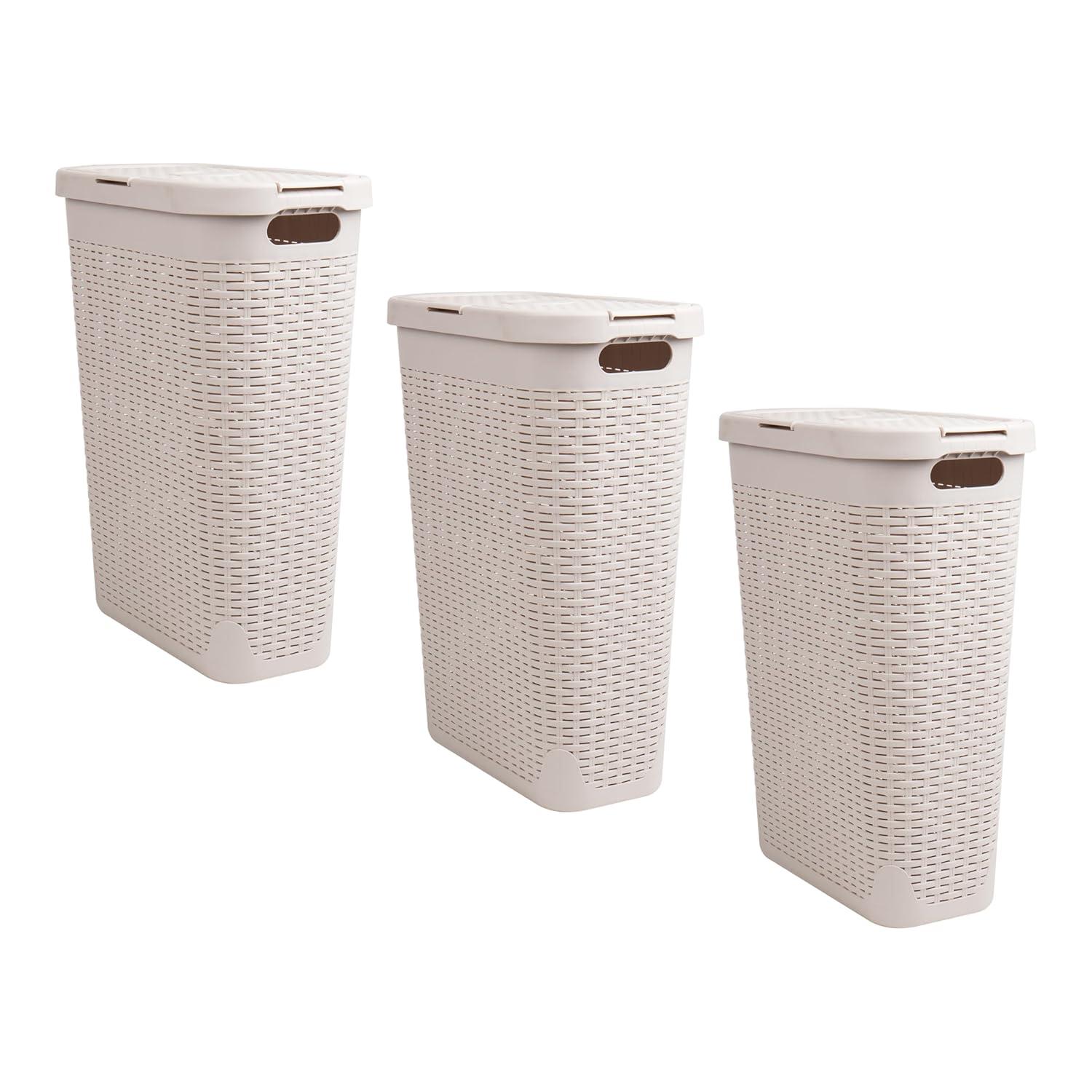imageMind Reader 40L Slim Laundry Hamper Clothes Basket Lid Premium Wicker Design Plastic Set of 3 IvoryIvory
