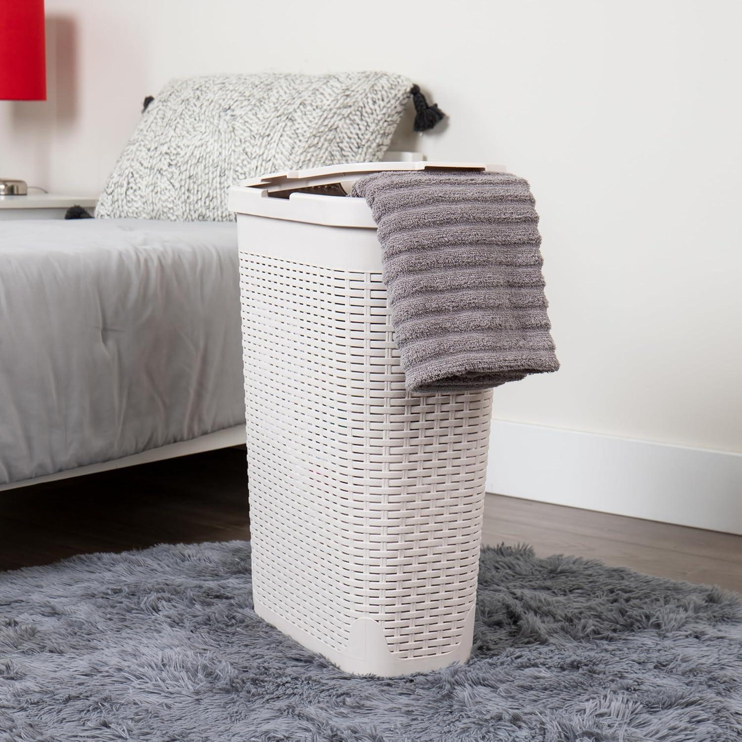 imageMind Reader 40L Slim Laundry Hamper Clothes Basket Lid Premium Wicker Design Plastic Set of 3 IvoryIvory