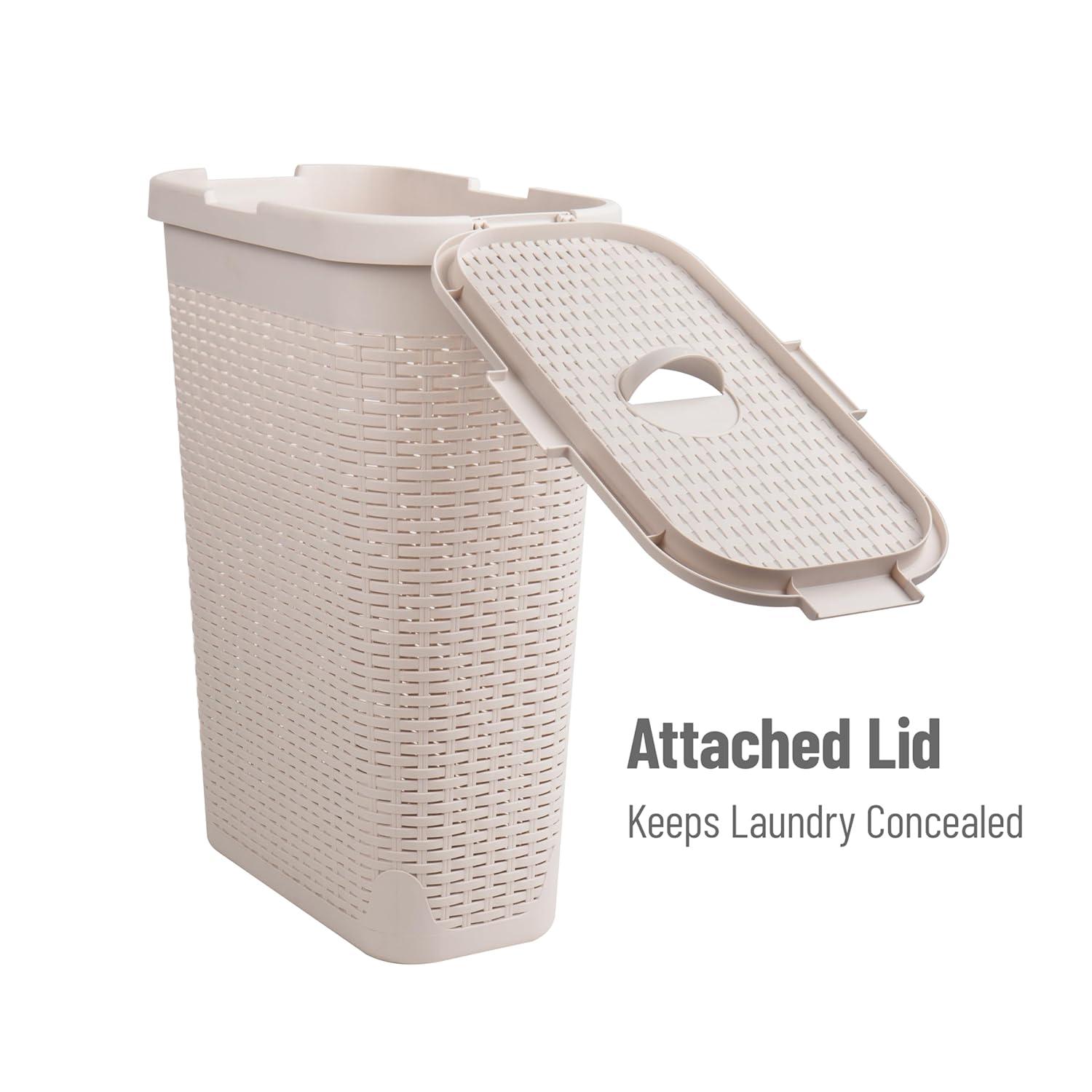 imageMind Reader 40L Slim Laundry Hamper Clothes Basket Lid Premium Wicker Design Plastic Set of 3 IvoryIvory