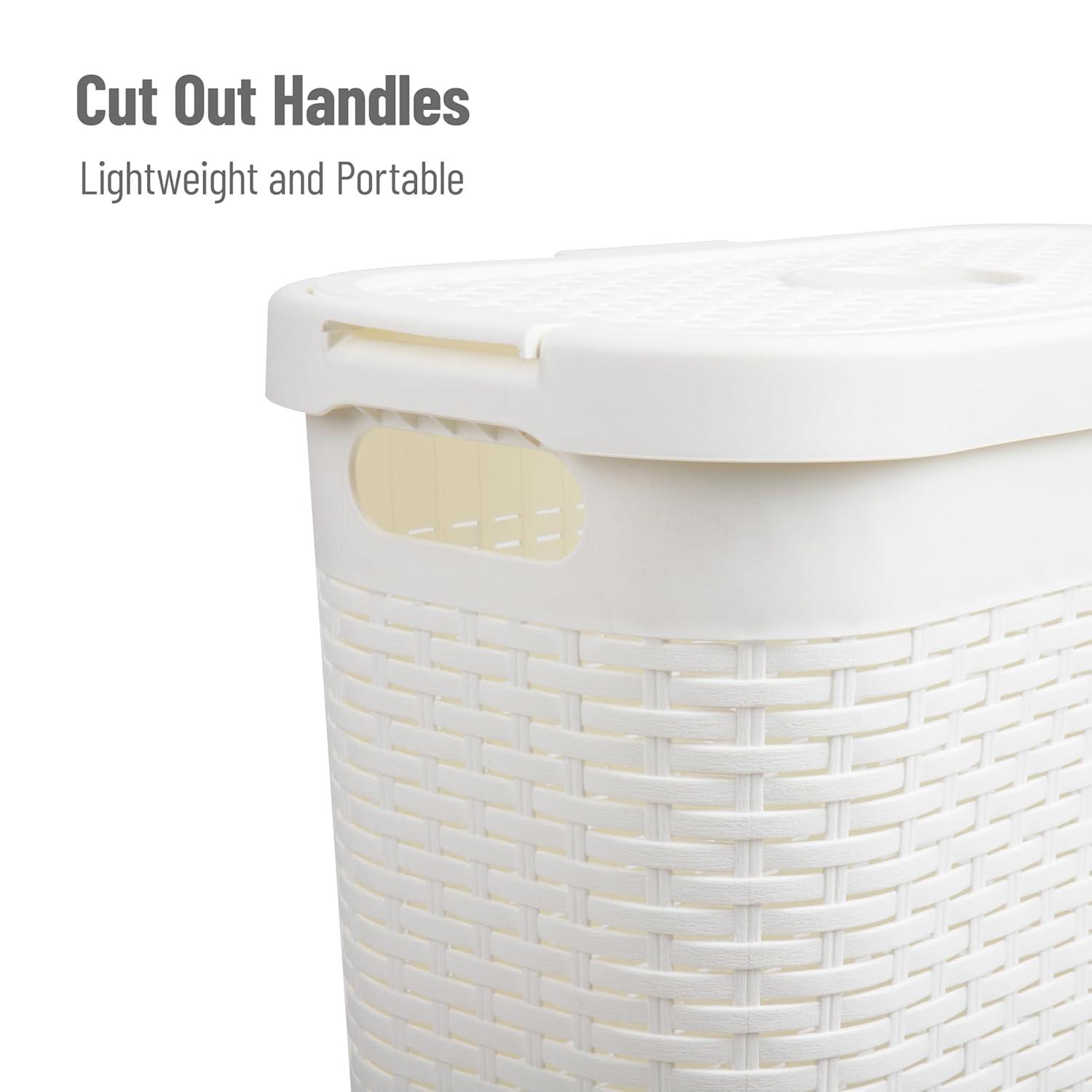imageMind Reader 40L Slim Laundry Hamper Clothes Basket Lid Premium Wicker Design Plastic Set of 3 IvoryWhite