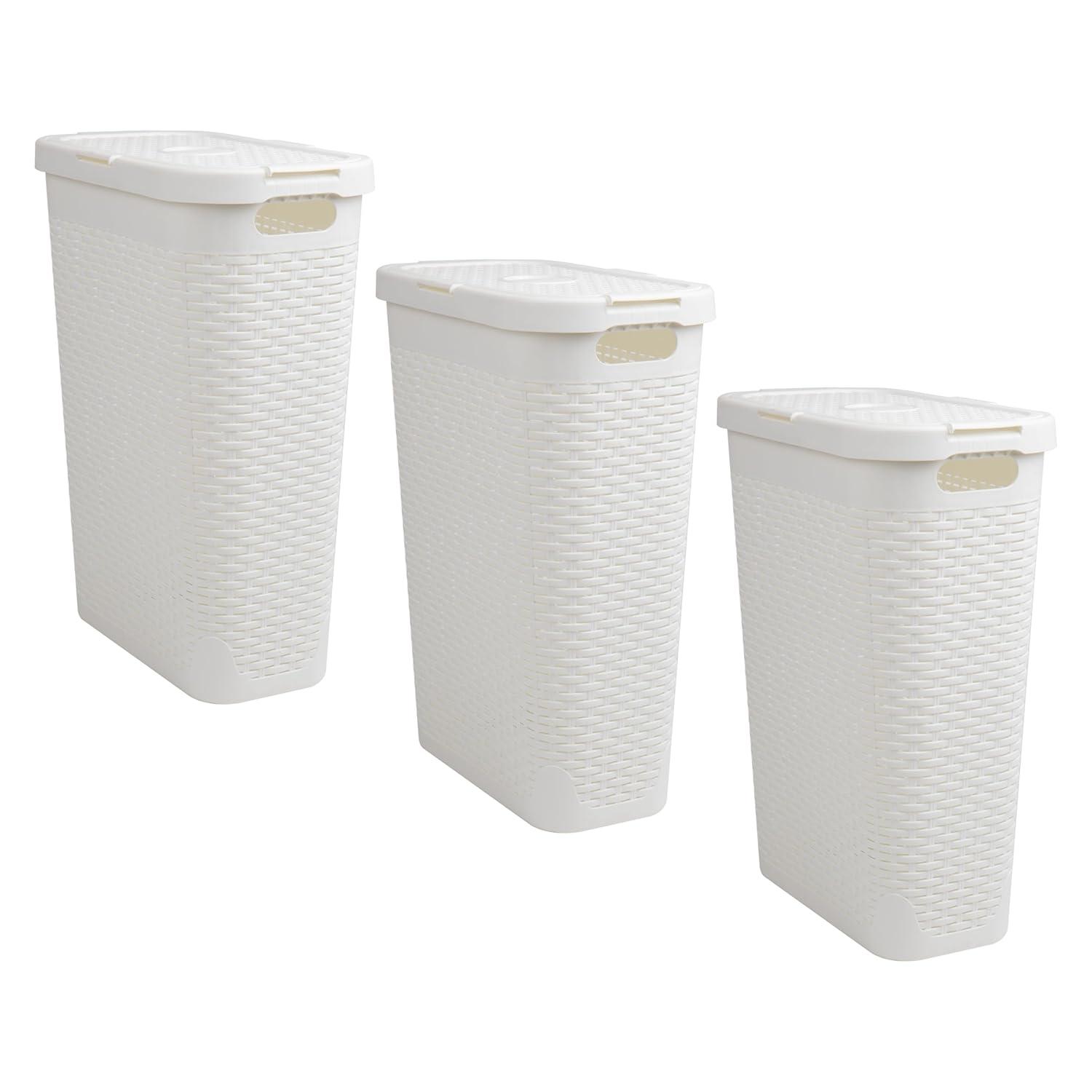 imageMind Reader 40L Slim Laundry Hamper Clothes Basket Lid Premium Wicker Design Plastic Set of 3 IvoryWhite