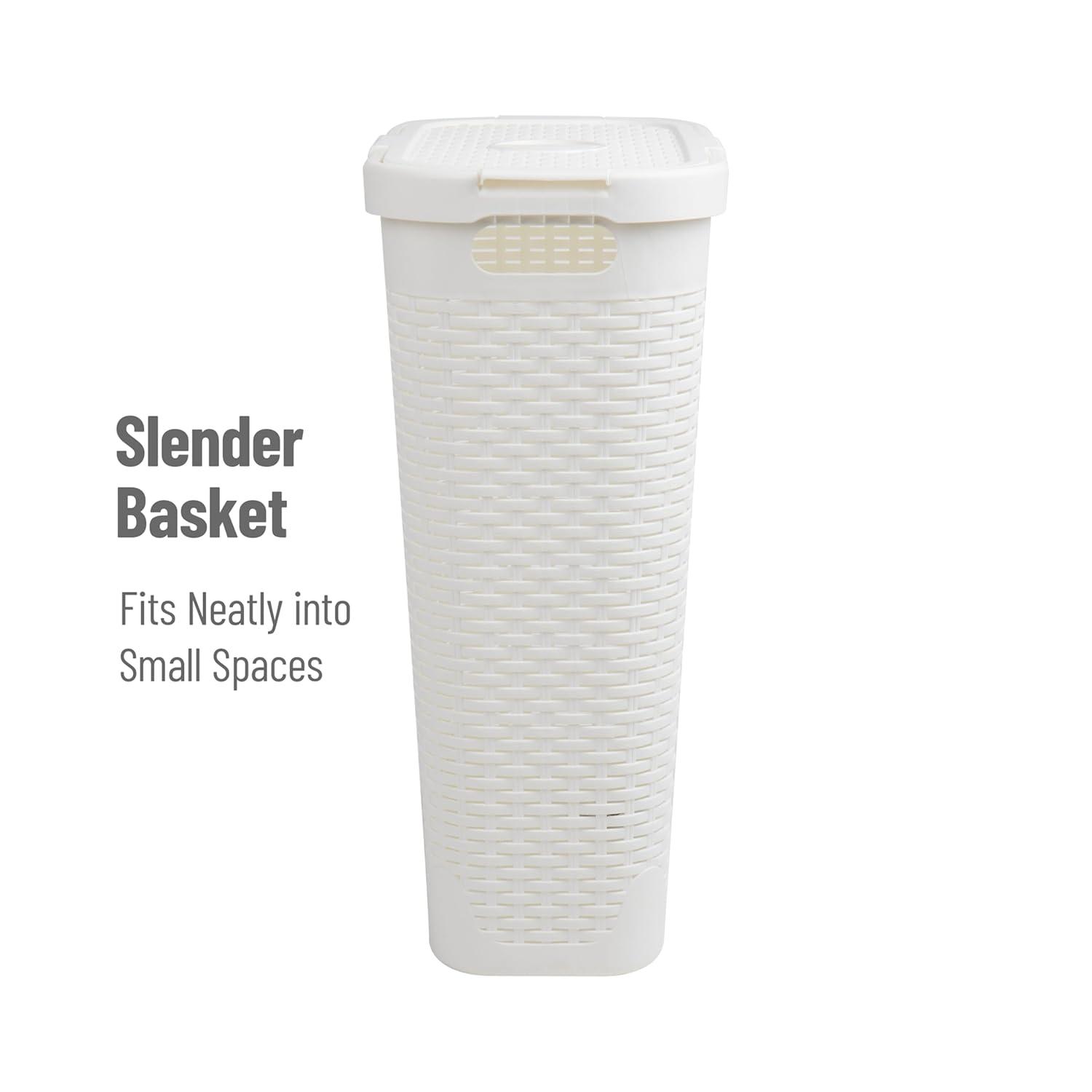 imageMind Reader 40L Slim Laundry Hamper Clothes Basket Lid Premium Wicker Design Plastic Set of 3 IvoryWhite