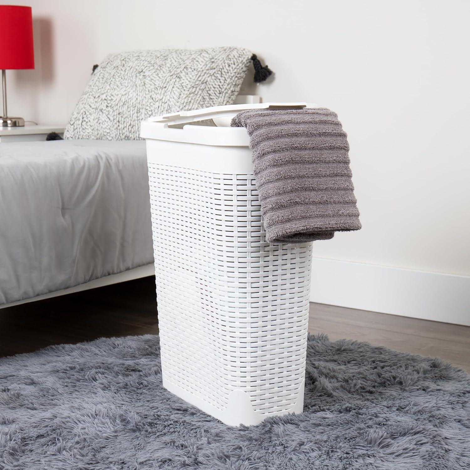 imageMind Reader 40L Slim Laundry Hamper Clothes Basket Lid Premium Wicker Design Plastic Set of 3 IvoryWhite