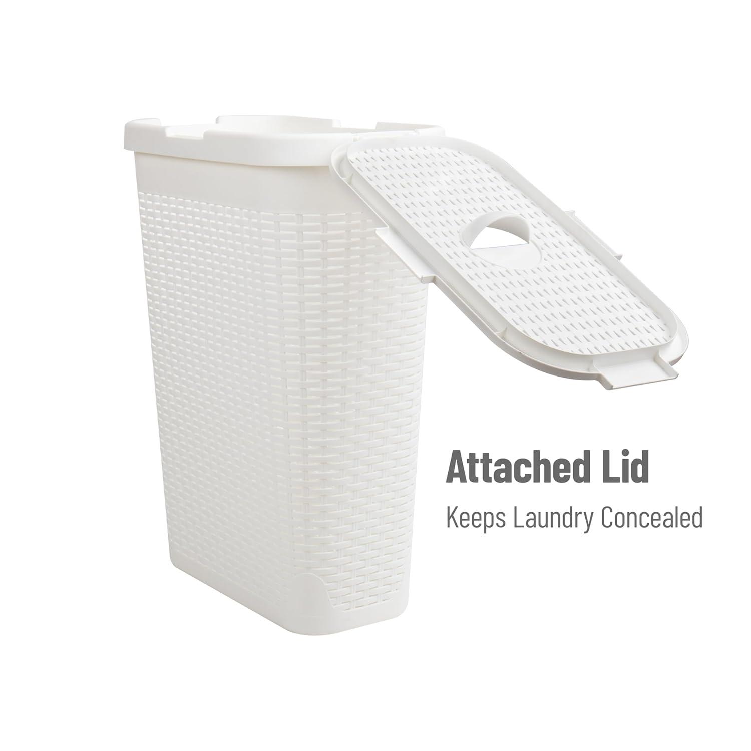 imageMind Reader 40L Slim Laundry Hamper Clothes Basket Lid Premium Wicker Design Plastic Set of 3 IvoryWhite