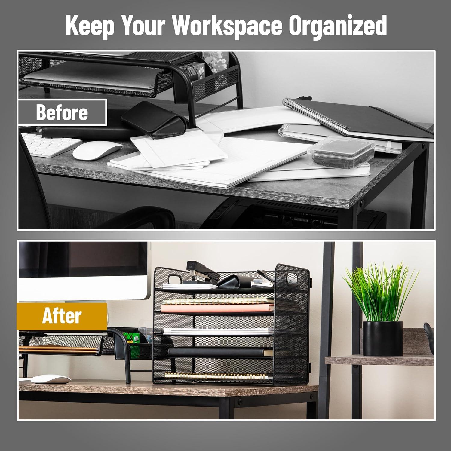 imageMind Reader 5 Tier Paper Tray Desktop Organizer Removable Shelves CutOut Handles ToolFree Assembly Metal Mesh Black
