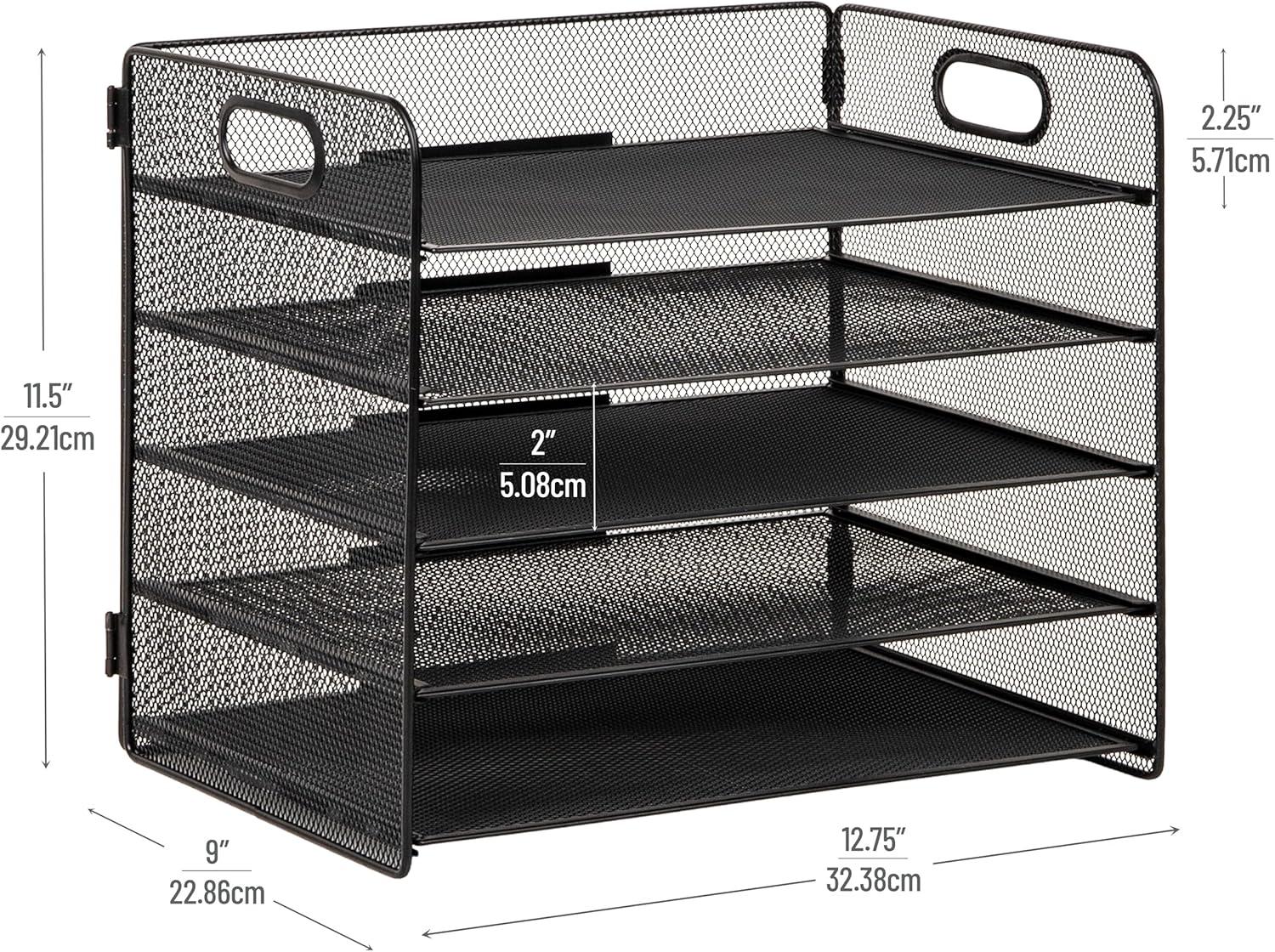 imageMind Reader 5 Tier Paper Tray Desktop Organizer Removable Shelves CutOut Handles ToolFree Assembly Metal Mesh Black