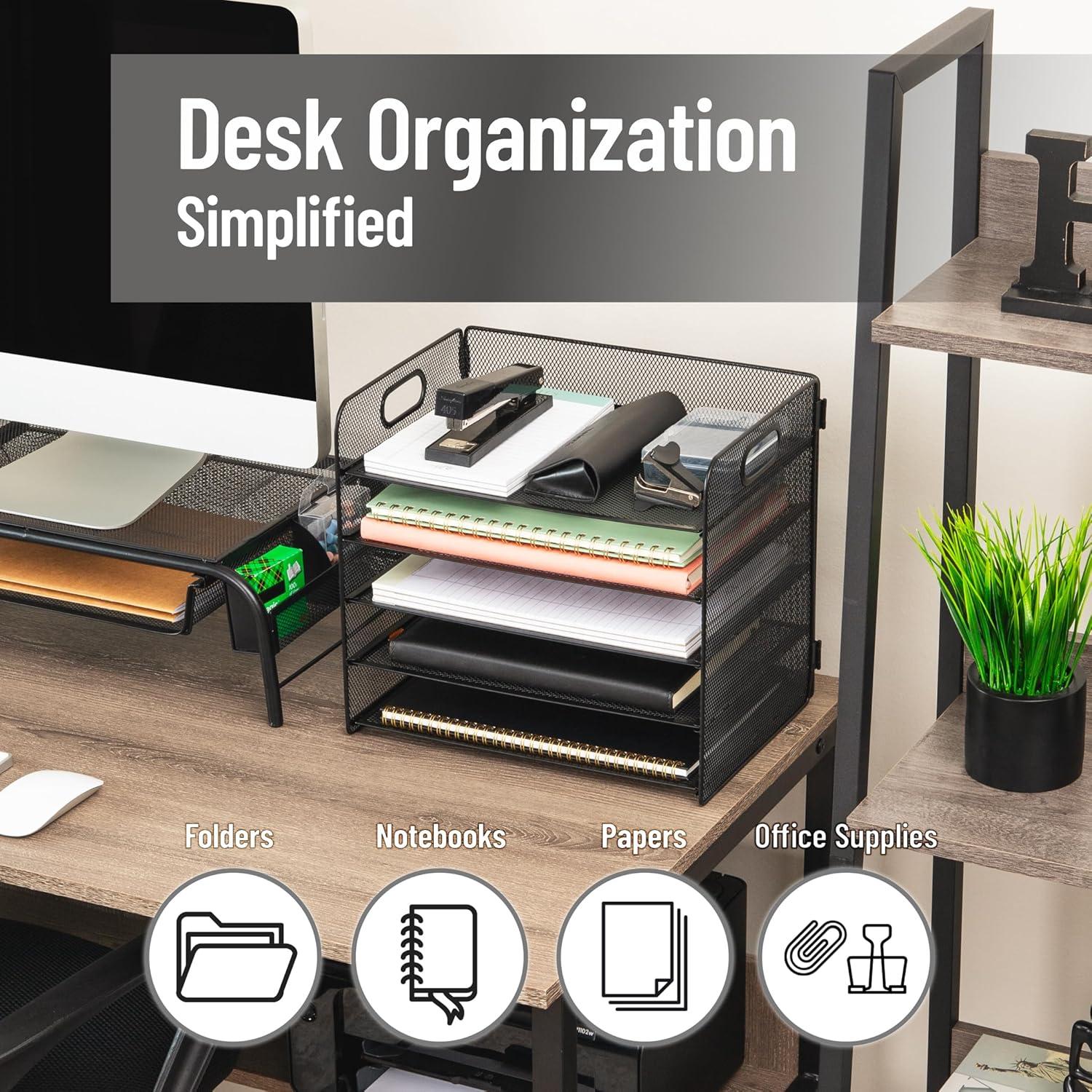 imageMind Reader 5 Tier Paper Tray Desktop Organizer Removable Shelves CutOut Handles ToolFree Assembly Metal Mesh Black