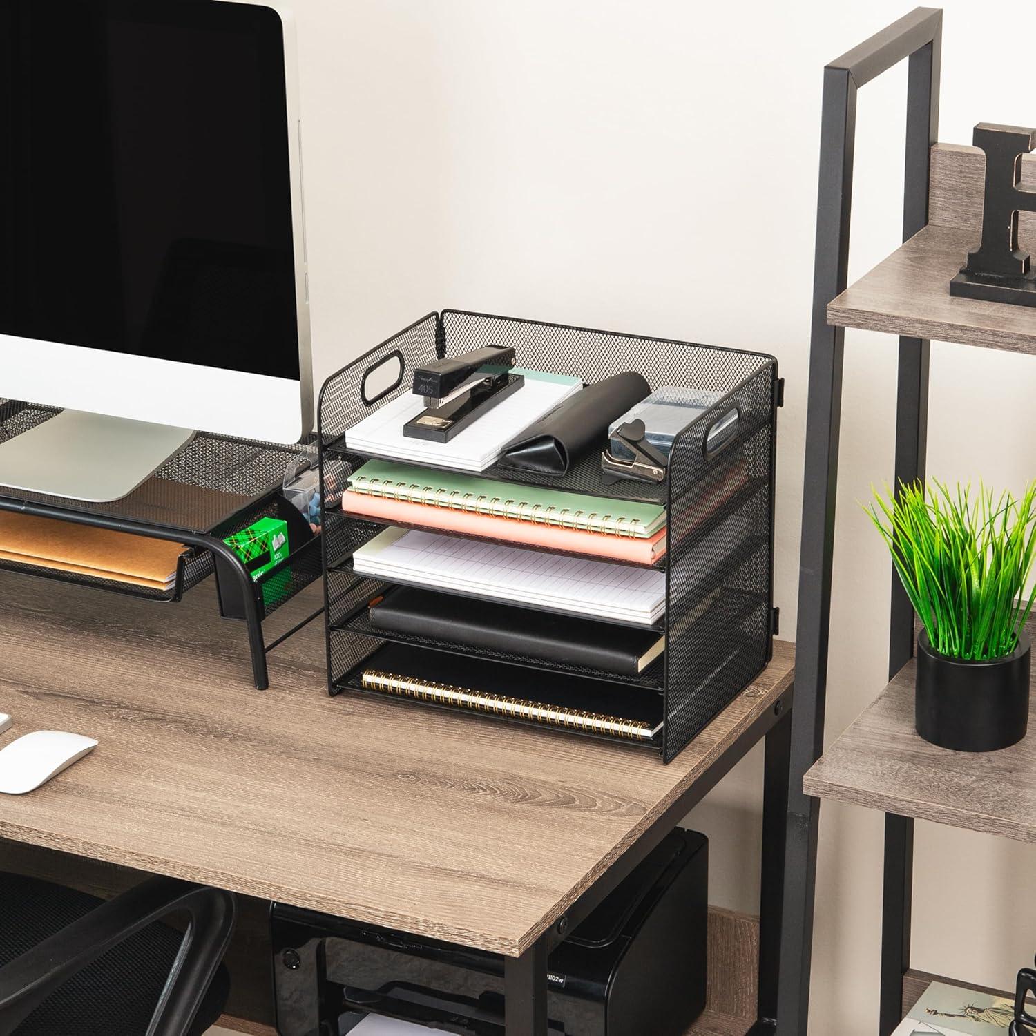 imageMind Reader 5 Tier Paper Tray Desktop Organizer Removable Shelves CutOut Handles ToolFree Assembly Metal Mesh Black