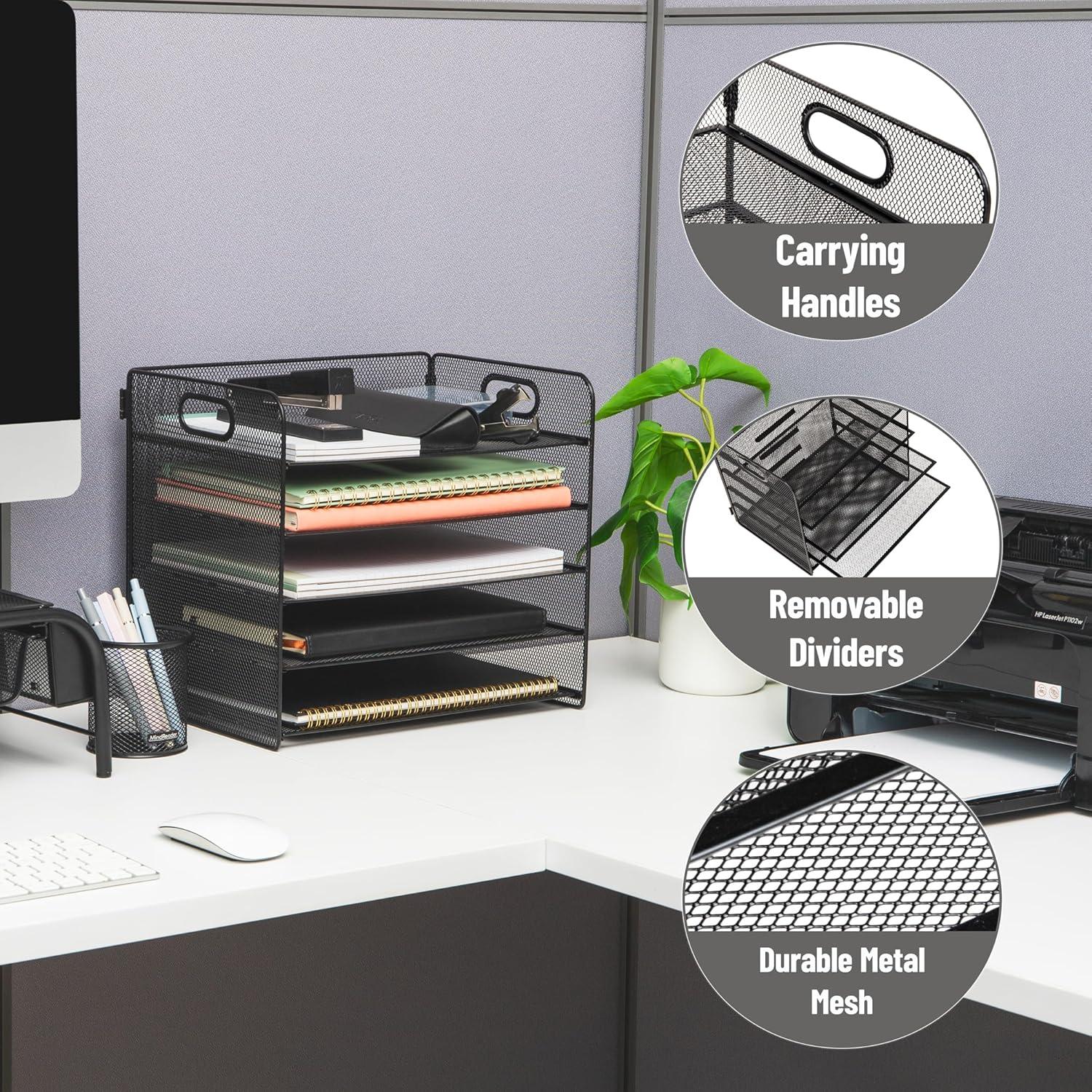imageMind Reader 5 Tier Paper Tray Desktop Organizer Removable Shelves CutOut Handles ToolFree Assembly Metal Mesh Black