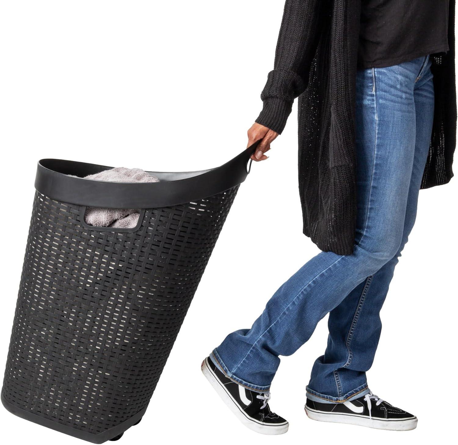 imageMind Reader 60L Rolling Laundry Hamper Clothes Basket Wheels Wicker Style Plastic 195L x 1475W x 2925H IvoryBlack