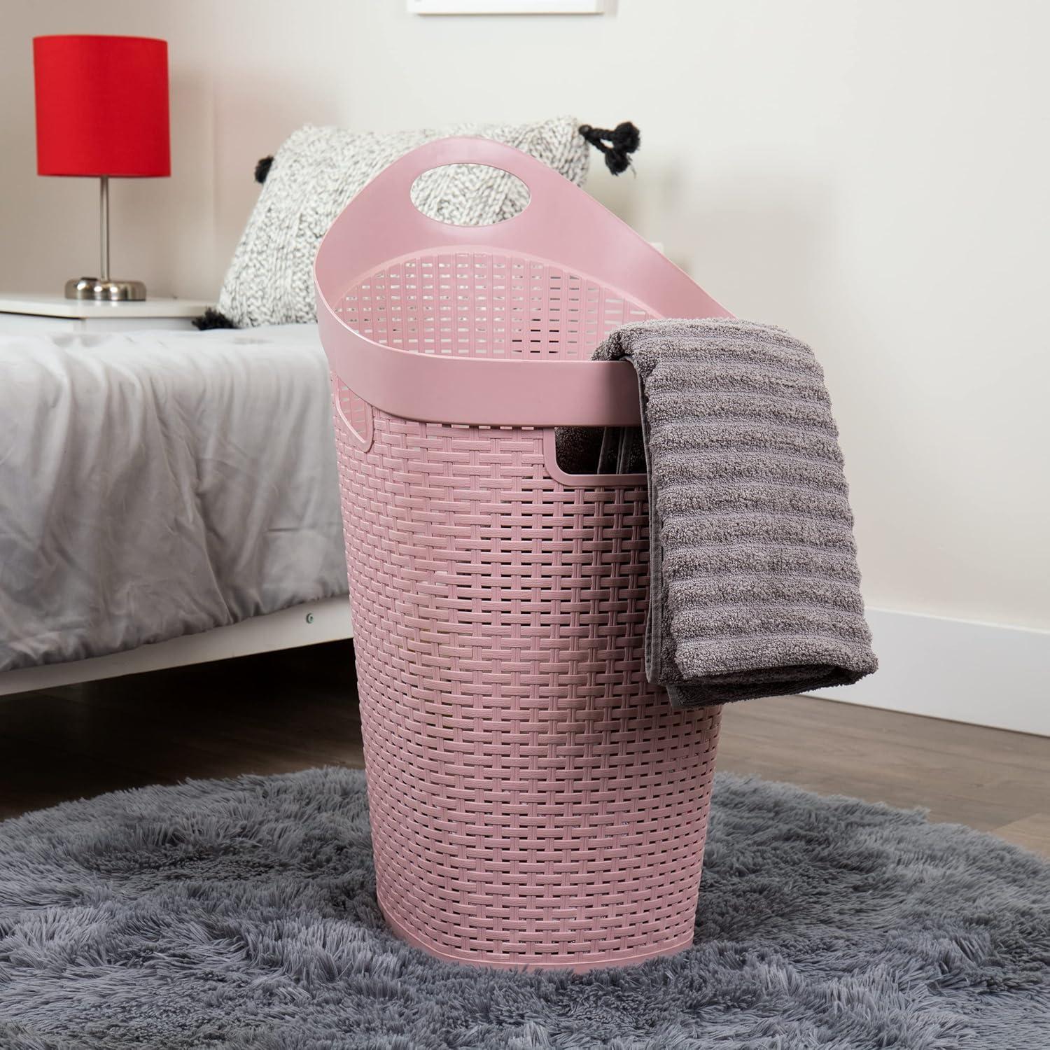 imageMind Reader 60L Rolling Laundry Hamper Clothes Basket Wheels Wicker Style Plastic 195L x 1475W x 2925H IvoryPink