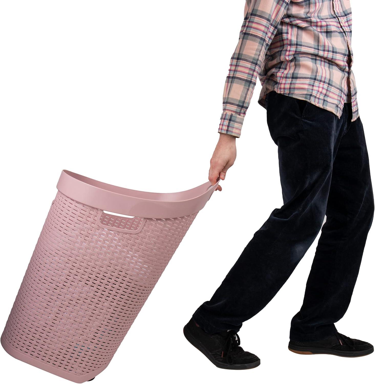 imageMind Reader 60L Rolling Laundry Hamper Clothes Basket Wheels Wicker Style Plastic 195L x 1475W x 2925H IvoryPink