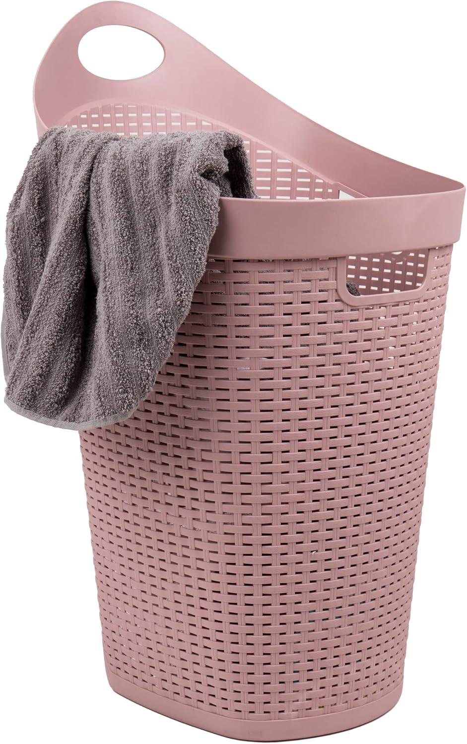 imageMind Reader 60L Rolling Laundry Hamper Clothes Basket Wheels Wicker Style Plastic 195L x 1475W x 2925H IvoryPink