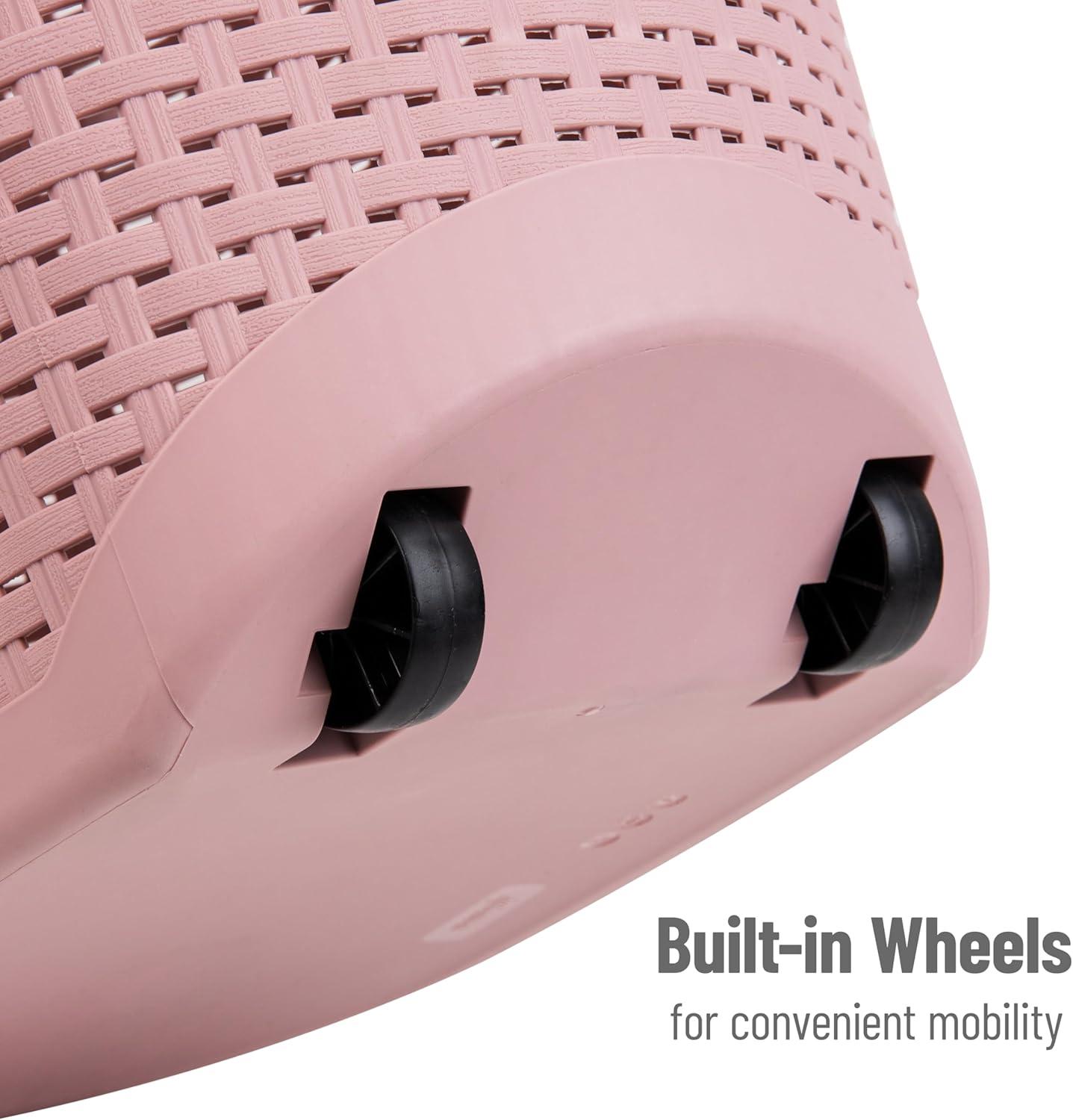 imageMind Reader 60L Rolling Laundry Hamper Clothes Basket Wheels Wicker Style Plastic 195L x 1475W x 2925H IvoryPink